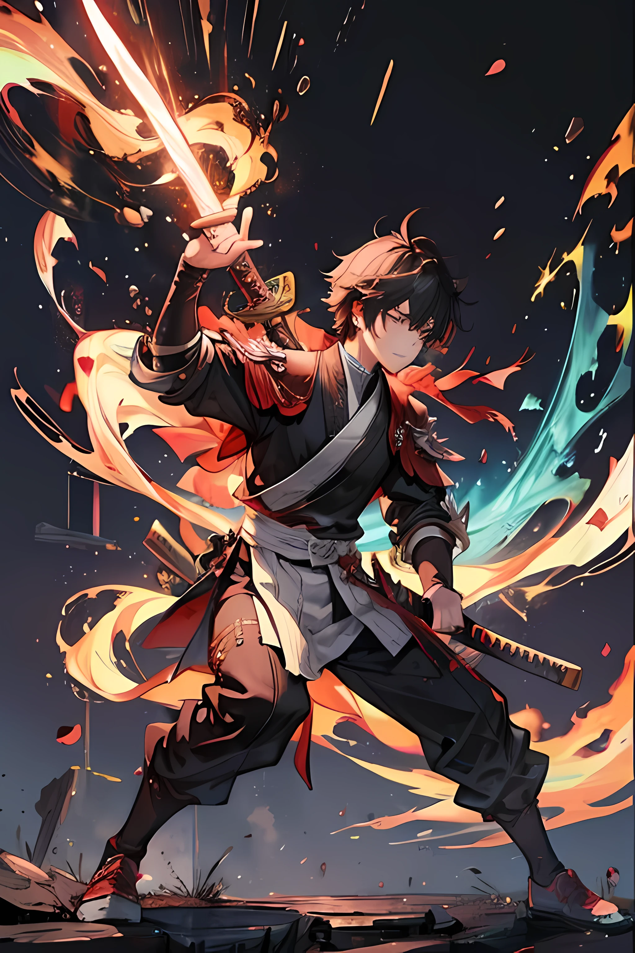 ((Best quality)), ((A Masterpiece、)),(DETAILED), (realistic), (Official Art), (extremely detailed CG unity 8k wallpaper), make a male magic warrior wielding a red katana in his right hand and white katana in his left hand who has black and white magic, black hairs, black eyes, black armor, he has determination in his eyes, full body , solo , male