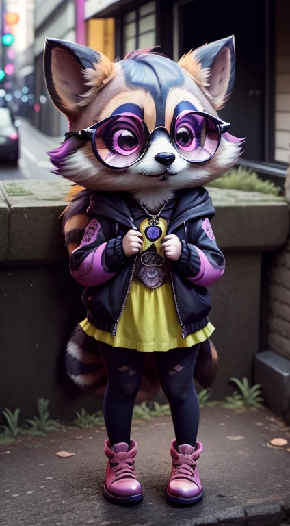 "Creative concept art of a cute raccoon",inspired by Laura, ((Best quality)), ((masterpiece)), One with gothic(Raccoon Face)hyperdetailed photography.Popular Harajuku costumes, Colorful fashionable glossy polarized glasses,Bold colors and patterns, Eye-catching accessories, Fashionable and innovative hairstyle, bright makeup, ((beautiful and aesthetically pleasing)).Standing in the middle of an empty city