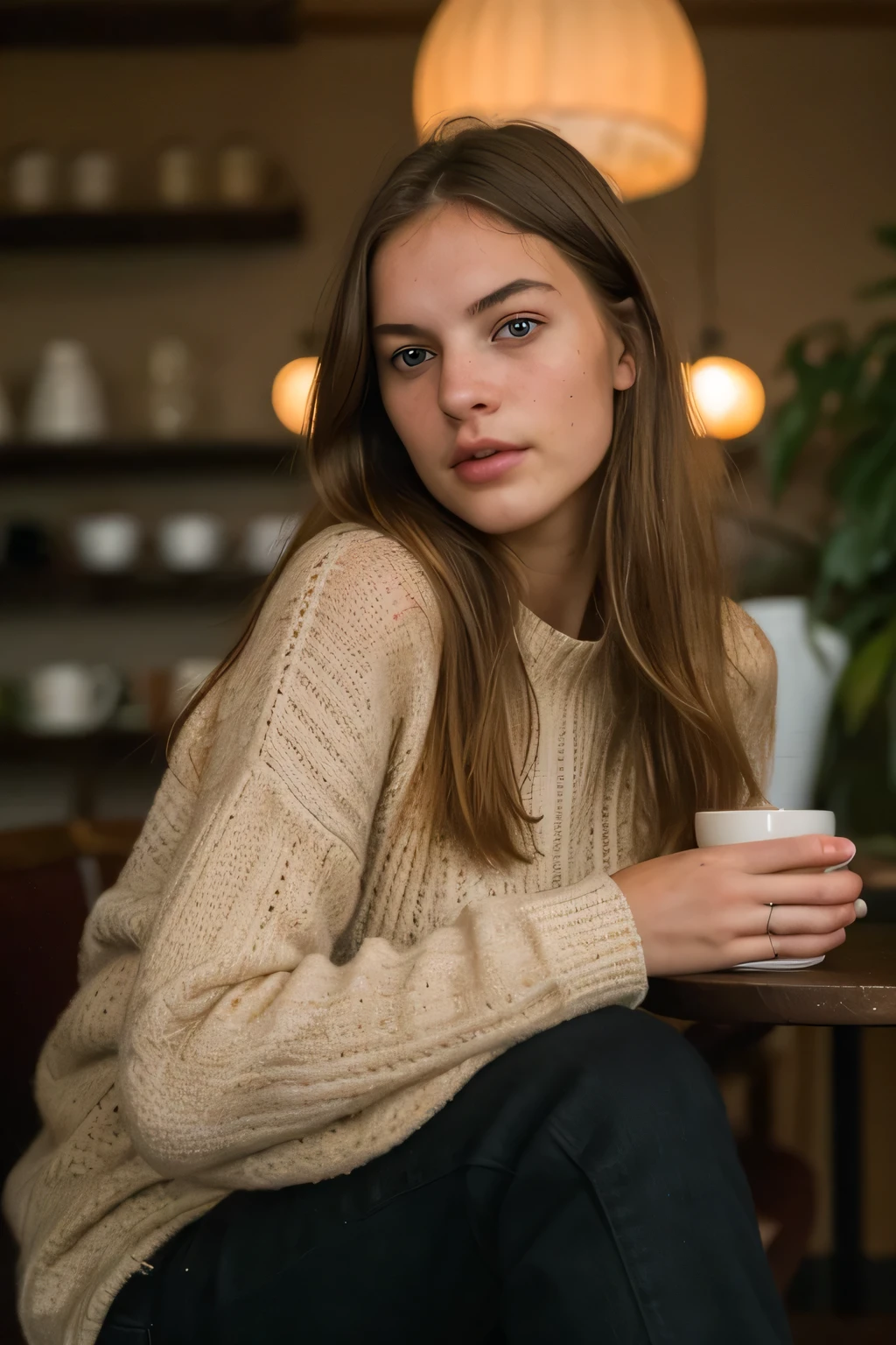 Generate a detailed portrait of a young, beautiful Swedish woman seated in a cozy cafe, The image should highlight her distinctive Nordic features, with a focus on her captivating eyes and natural beauty, The cafe's ambiance should exude warmth, with soft lighting and subtle, inviting decor, creating a tranquil backdrop that enhances the woman's charm, RAW photo, (high detailed skin:1.2), 8k UHD, DSLR, soft lighting, high quality, film grain, Fujifilm XT3,, RAW candid cinema, 16mm, color graded portra 400 film, remarkable color, ultra realistic, textured skin, remarkable detailed pupils, realistic dull skin noise, visible skin detail, skin fuzz, dry skin, shot with cinematic camera, ((photographed by Vogue))