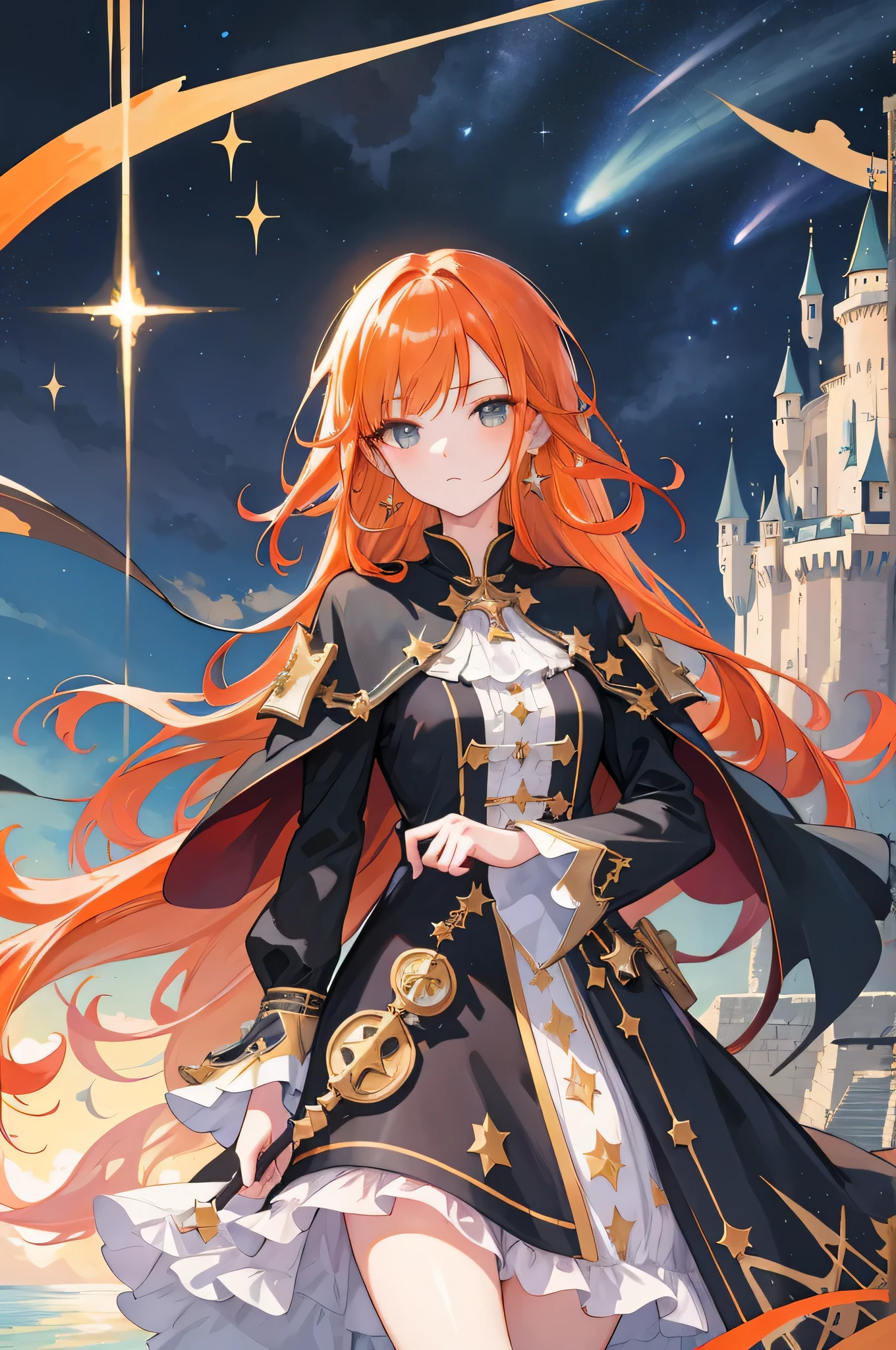 masterpiece, highest quality, 1 girl, close, face focus, Black long dress, gold button, cape, blouse, earrings, very long orange hair, hazel eyes,( castle in background:1.2), [Home], Ocean, starry sky, button, calm expression, shooting star, soft lighting,