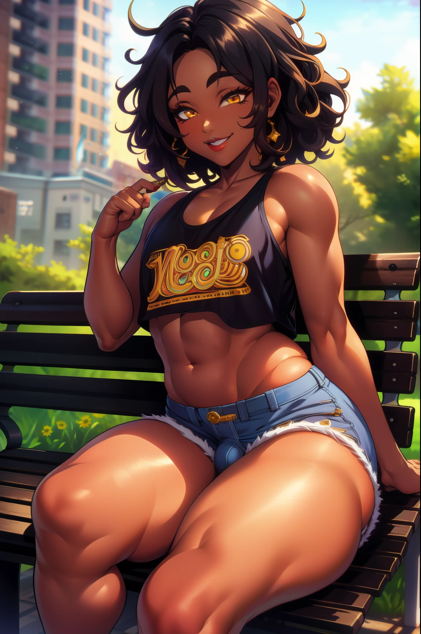 (extremely detailed CG unity 4k wallpaper),(masterpiece),(best quality),(ultra-detailed),(best illustration),(best shadow),(absurdres),(detailed background) femboy, cute, soft body, brown eyes, dark black skin, African-American, long curly black hair, Daisy dukes, supreme blouse, Jordan sneakers, thick thighs, big ass, flat chest, bulge, black eyeliner, gold color lipstick, Smile, New york City brooklyn background, sitting on a bench,