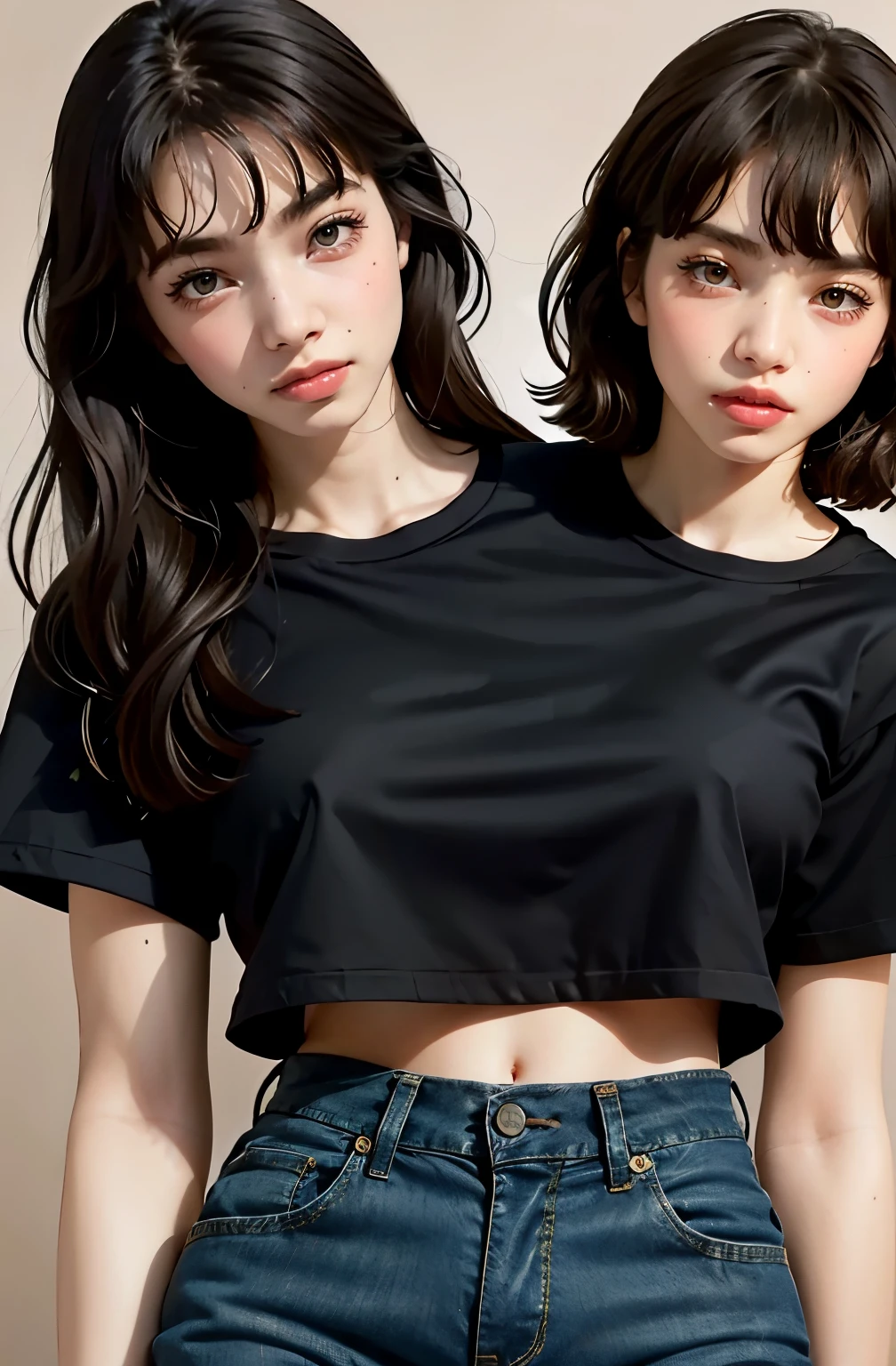 8k,highres, 1girl, (two_heads:1.2), indoors, looking at the viewer, wearing a black t-shirt and jeans, long hair, bangs, upper body, portrait