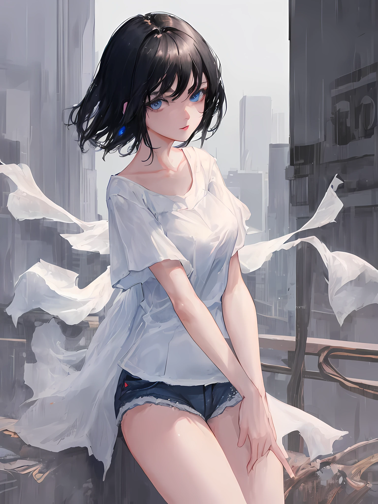 Temptation, beautiful young woman on the road in a microshort skirt, white micro-skirt and panties and a T-shirt, black hair, big blue eyes, slim, wet hair and skin, camera from below, looking at the camera over her shoulder, city, paints, back view, watercolor, Style by Harrison Fisher and Brian Froud and Jeremy Mann and Alexandre Cabanel and Ralph Steadman and Tomer Hanuka, Mysterious