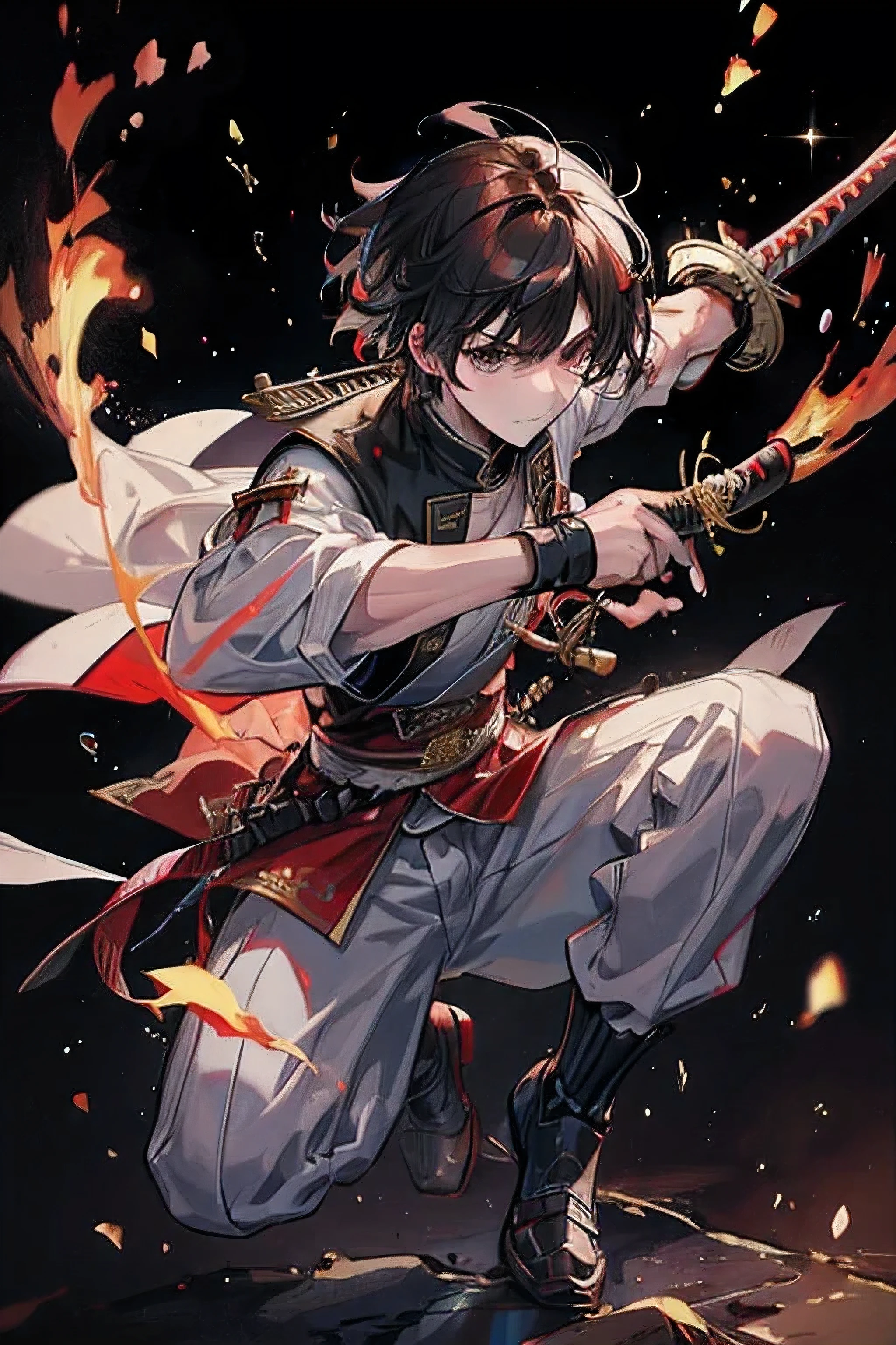 ((Best quality)), ((A Masterpiece、)),(DETAILED), (realistic), (Official Art), (extremely detailed CG unity 8k wallpaper), make a male magic warrior wielding a red katana in his right hand and white katana in his left hand who has black and white magic, black hairs, black eyes, black armor, he has determination in his eyes, full body , solo , male, he is fighting for his dead sister