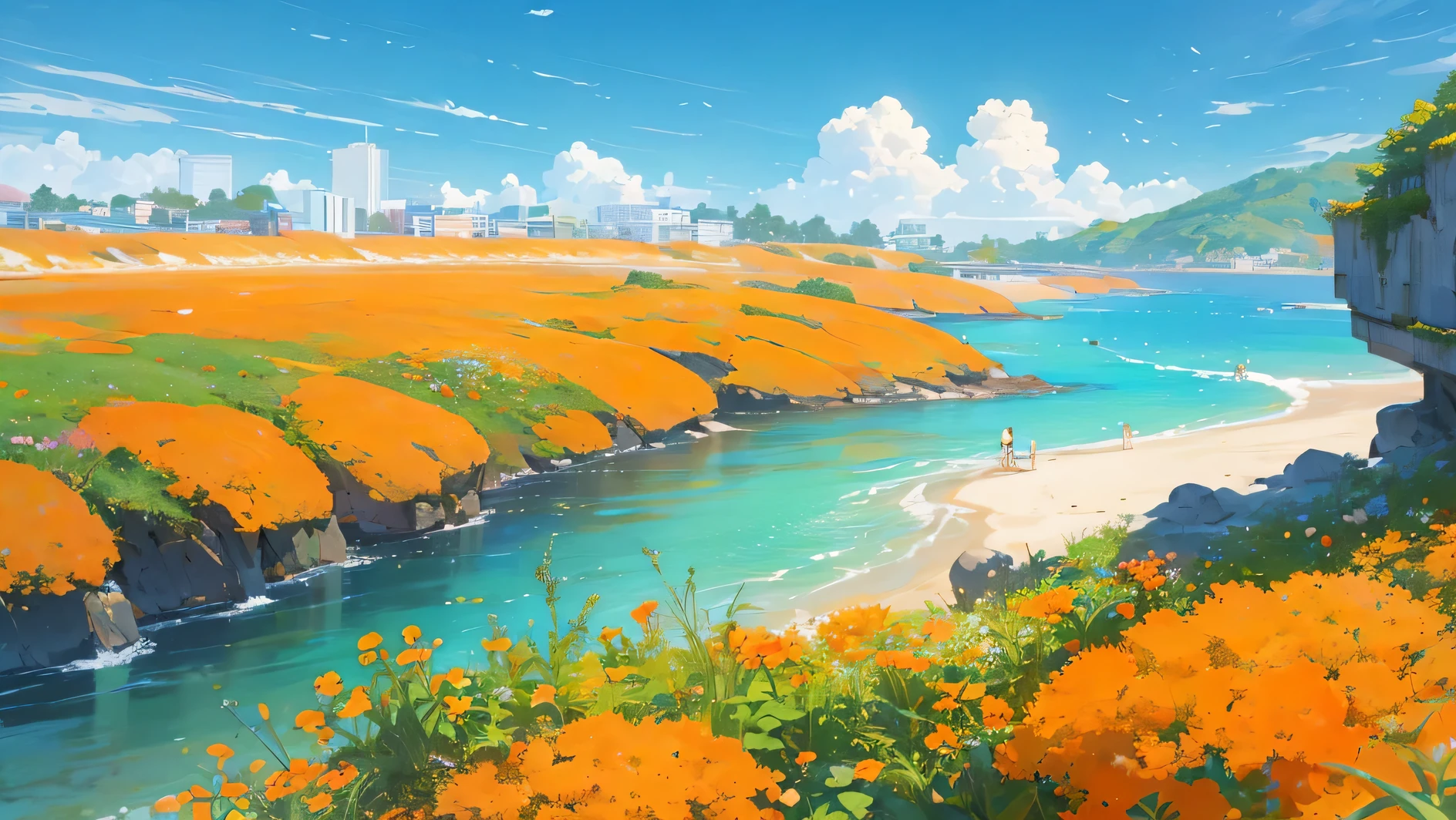 illustration of a beach with flowers and a cliff in the background, beautiful wallpaper, sky and clouds orange flowers sea everywhere city 10 am