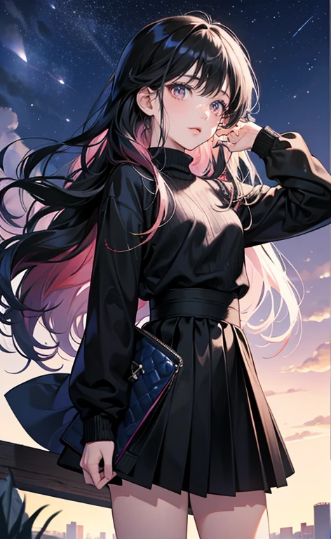 (8k, best quality, masterpiece),girl，Bangs，long black hair，wavy_hairs，Black Sweater，skirt，pink eyes，sigh，cry，cute，
blue light，Sky，future world，chibi，chibi，