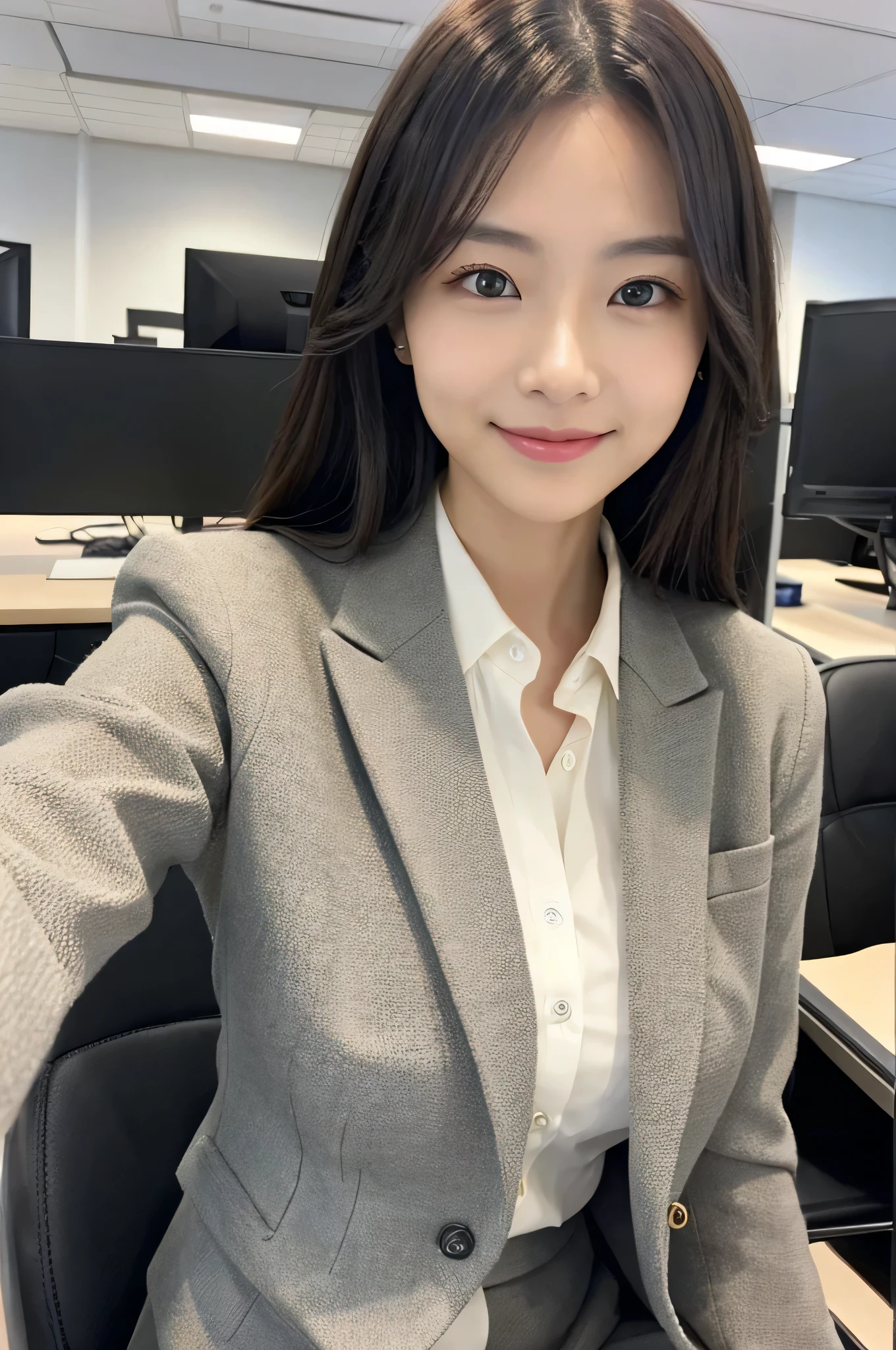 the beginning々Portrait of a new office lady、Generated in very high quality and realistic format。The target audience is women in their 20s..、Nice and clean、Try to make the impression of seriousness at work。wear business casual office wear、Express yourself with a confident smile.。hairstyle, Makeup, etc..、Pursuit of reality with attention to detail。bright background、Creates an office-like atmosphere。