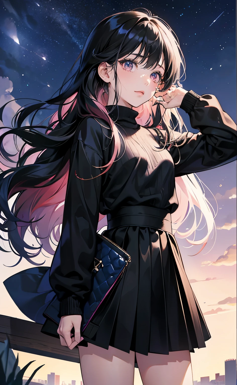 (8k, best quality, masterpiece),girl,Bangs,long black hair,wavy_hairs,Black Sweater,skirt,pink eyes,sigh,cry,cute,
blue light,Sky,future world,chibi,chibi,
