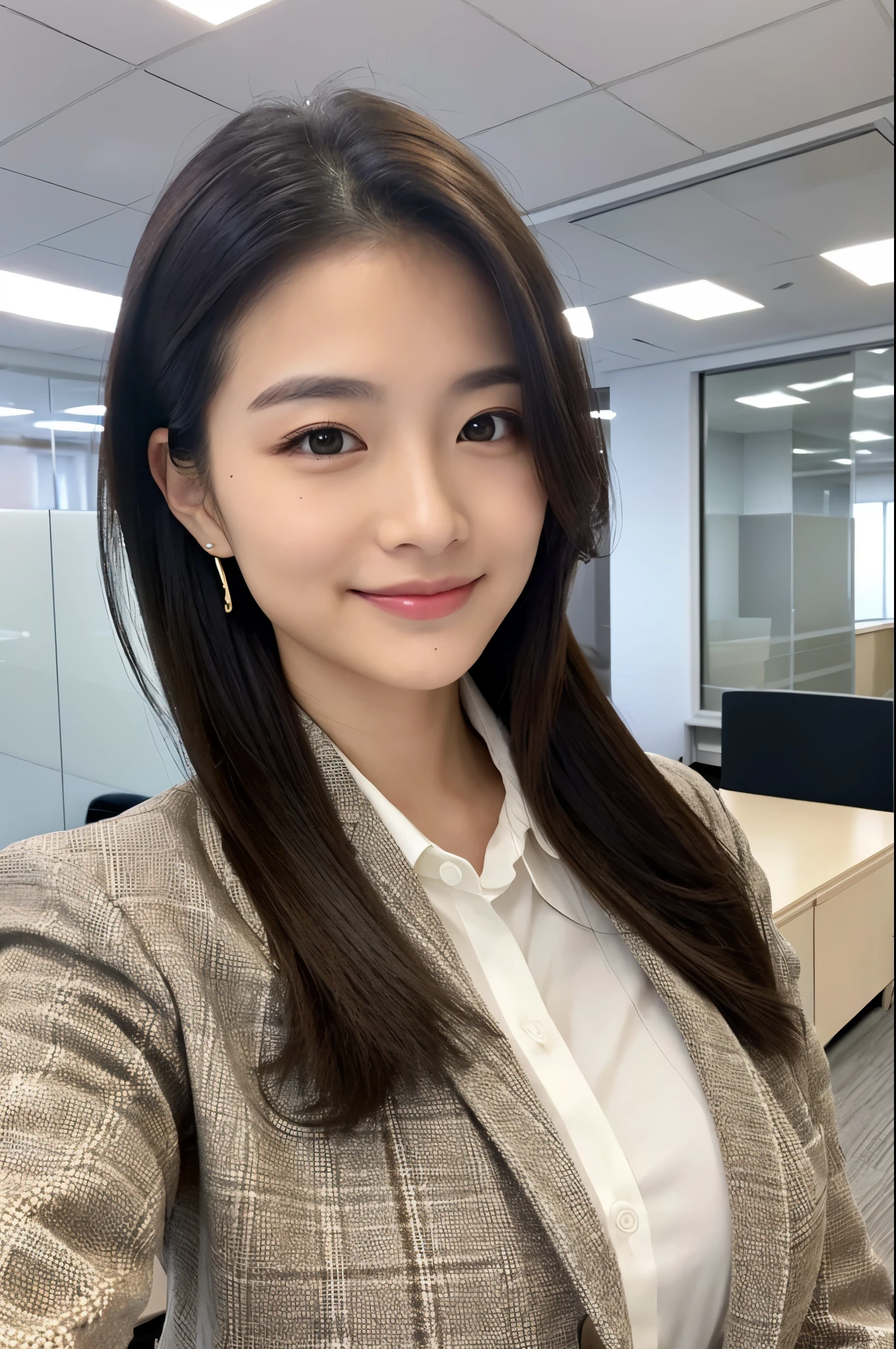 beginning々A portrait of a new office lady、Generate in very high quality and realistic form。The subject is a woman in her 20s.、Nice and clean、Try to give the impression that you are serious about your work。Wear business casual office wear、Please express yourself with a confident smile.。hairstyle, makeup etc.、Pursue reality with attention to detail。background is bright、Create an office-like atmosphere。