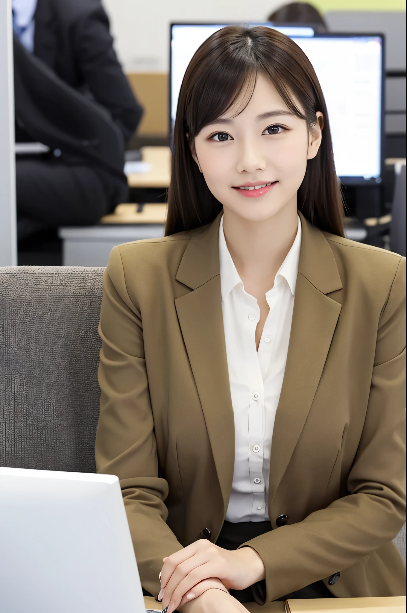 beginning々A portrait of a new office lady、Generate in very high quality and realistic form。The subject is a woman in her 20s.、Nice and clean、Try to give the impression that you are serious about your work。Wear business casual office wear、Please express yourself with a confident smile.。hairstyle, makeup etc.、Pursue reality with attention to detail。background is bright、Create an office-like atmosphere。