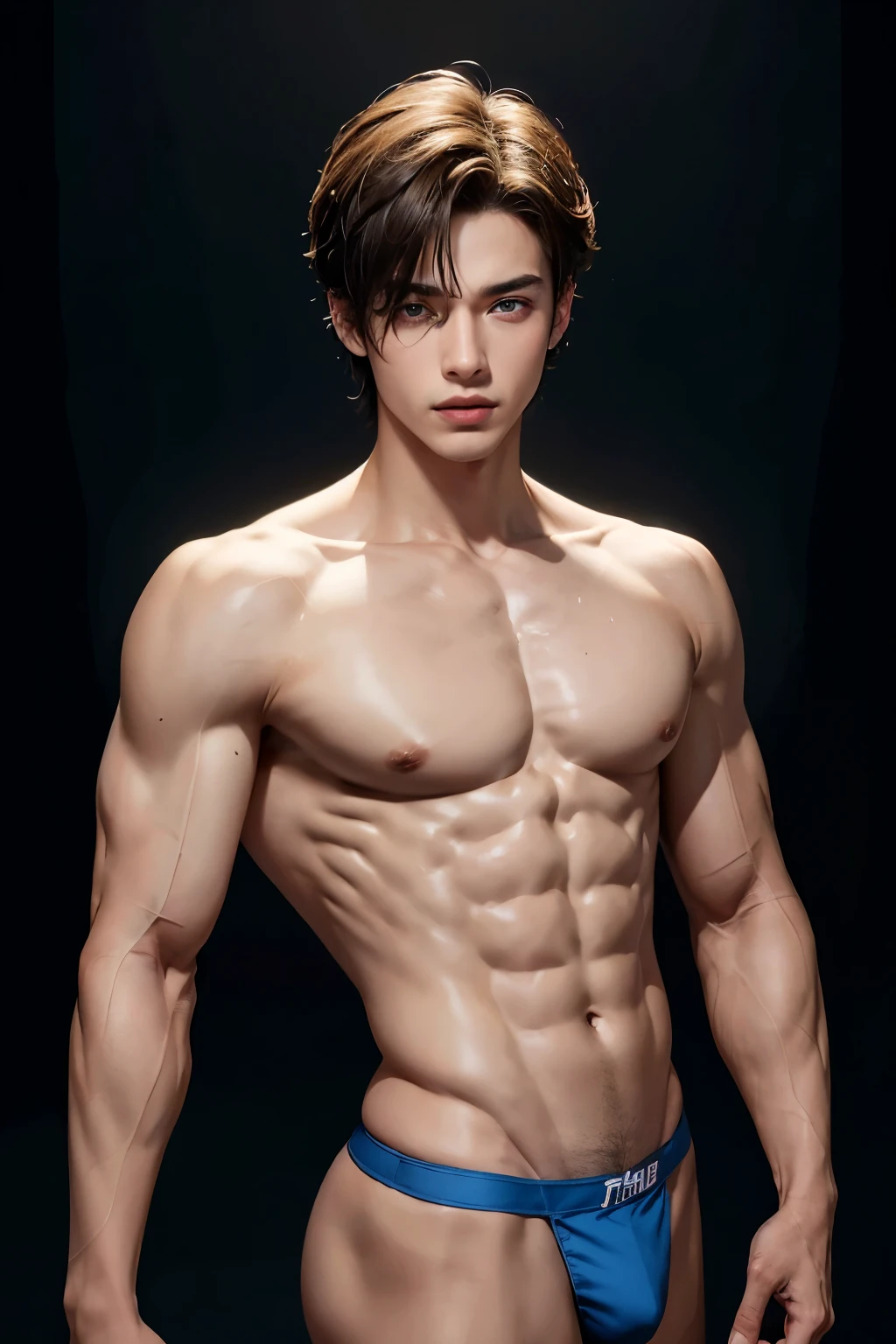 A captivating oppa, 25 years old, stands bare-chested and naked, showcasing his chiseled, athletic physique. His toned muscles ripple with every movement, revealing the definition of six-pack abs. His body glistens with a light sheen of sweat, accentuating the lean lines of his torso. His handsome face reflects intelligence and a smirk that suggests a witty sense of humor. His shocking blue eyes are bright and sharp, a striking contrast against his tanned skin. His short, messy hair frames his angular, defined jawline, and his lips are pressed into a seductive smile. His thighs are strong and muscular,