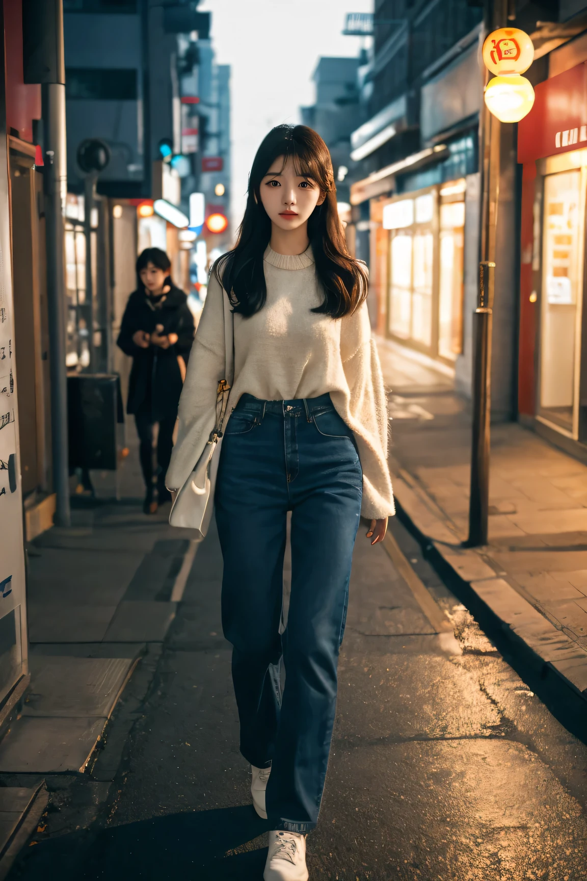 Korean girl looking at viewer on the street,soft light effects