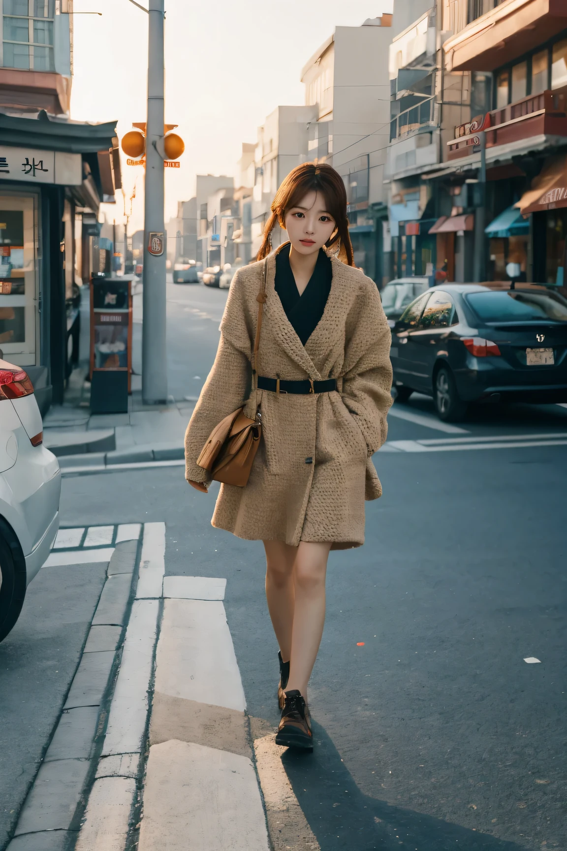Korean girl walking on the street, Soft light effects
