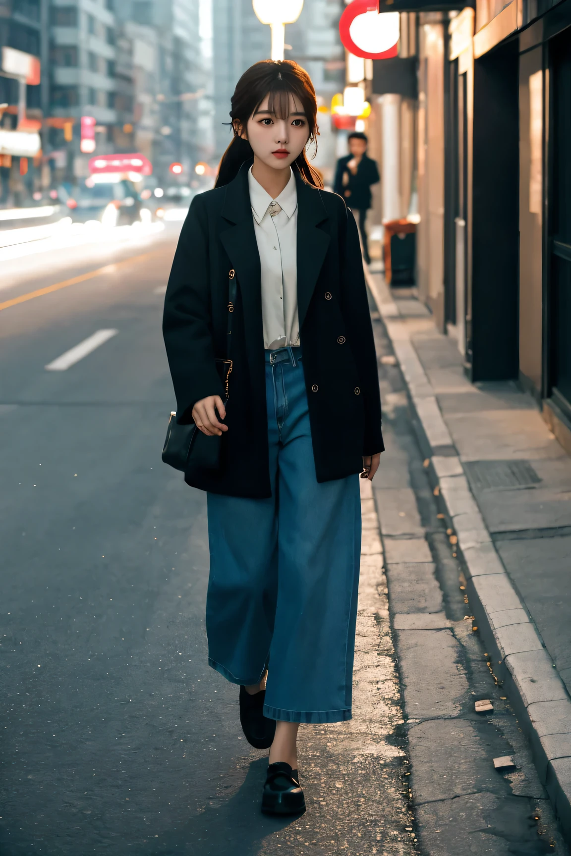 Korean girl looking at viewer on the street,soft light effects