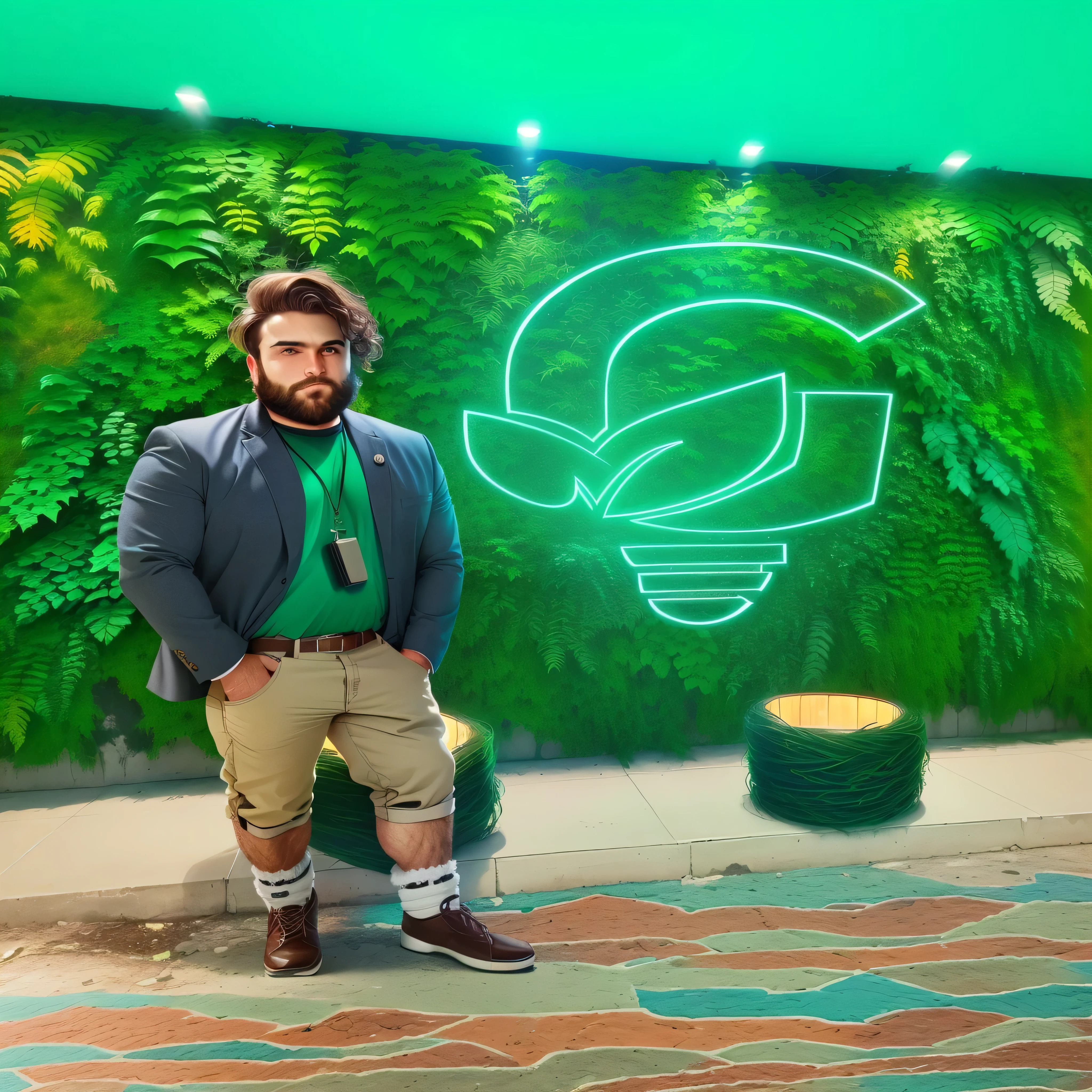 Homem bem vestido com barba e cabelo amarrado, wall of ferns behind background, Letra G luminoso