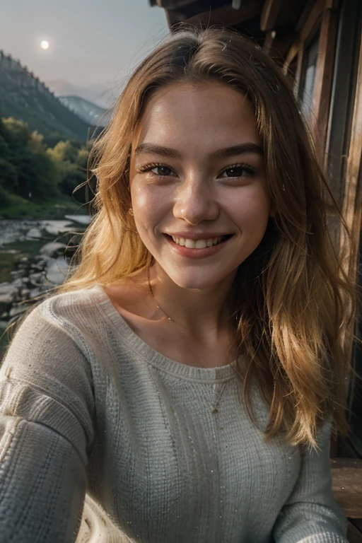 Photorealistic, Best Quality, Hyper Detailed, Beautiful woman, selfie photo, Upper body, Solo, wearing pullover, Outdoors, (Night), mountainscape, The nature of real life, Stars, Moon, (Outstanding smile、A yellow-haired、sixteen years old、Cheerful, Happy), flash lights, forest, boulders, River, Wood, Smoke, Fog, crystal clear skies, analog style, Looking at Viewer, Skin Texture, Film grain, close up, 超A high resolution, Best Shadow, raw, Instagram LUT