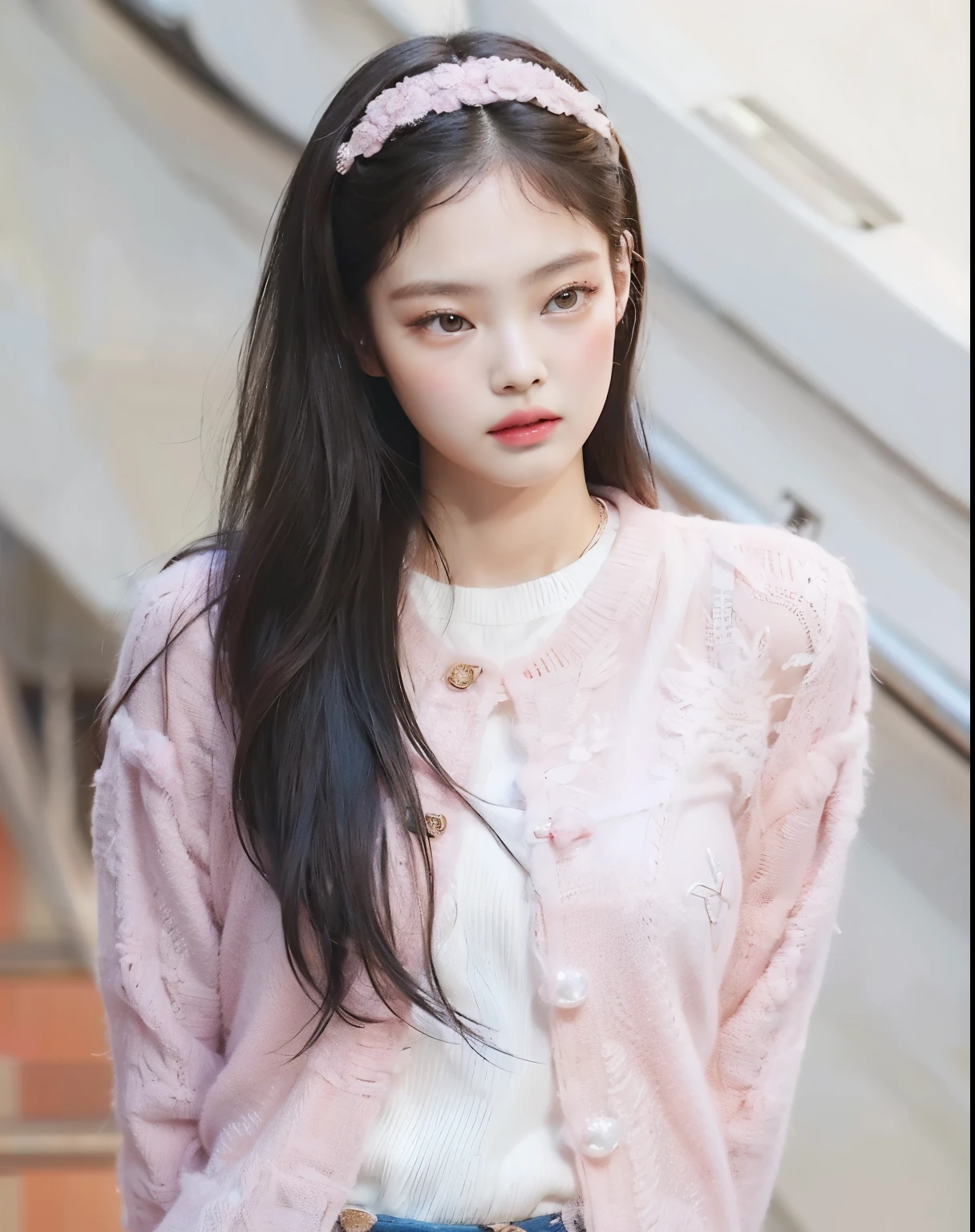 um close de uma mulher vestindo um cardigã rosa e uma camisa branca, jennie blackpink, jaeyeon nam, jossi do blackpink, Kim Doyoung, Lee Ji-eun, Lee Ji-eun, estacionar a partir de-min, portrait of jossi do blackpink, parque roseanne de blackpink, Jisoo do Blackpink, Hwang se-é, taejune kim