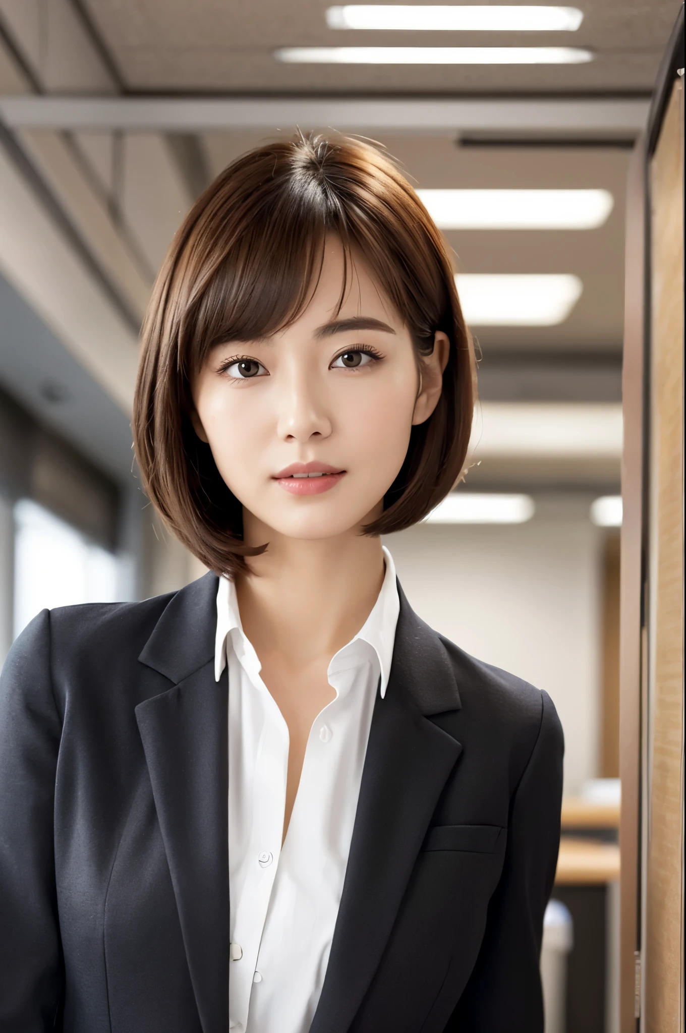 Depicts a new office lady with brown hair and a bob cut.、Generate extremely high quality and realistic CG images。The subject is a woman in her 20s.、wearing a black suit。Details of the suit and texture of the fabric、Texture and luster of brown hair、Please pay close attention to details such as the bob cut hairstyle.。She had a confident look on her face.、Try to give the impression that you take your job seriously in an office environment。The background should be clean and create an office-like atmosphere.。