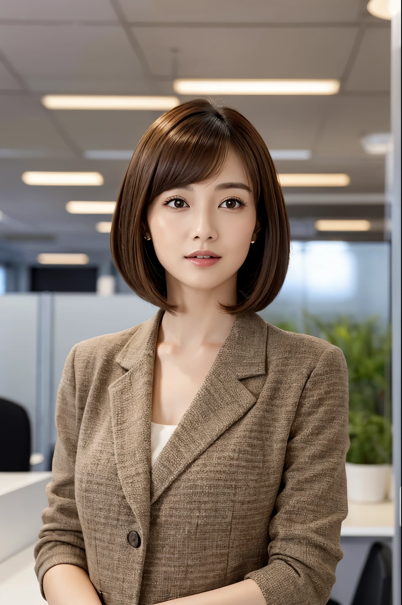 Depicts a new office lady with brown hair and a bob cut.、Generate extremely high quality and realistic CG images。The subject is a woman in her 20s.、wearing a black suit。Details of the suit and texture of the fabric、Texture and luster of brown hair、Please pay close attention to details such as the bob cut hairstyle.。She had a confident look on her face.、Try to give the impression that you take your job seriously in an office environment。The background should be clean and create an office-like atmosphere.。