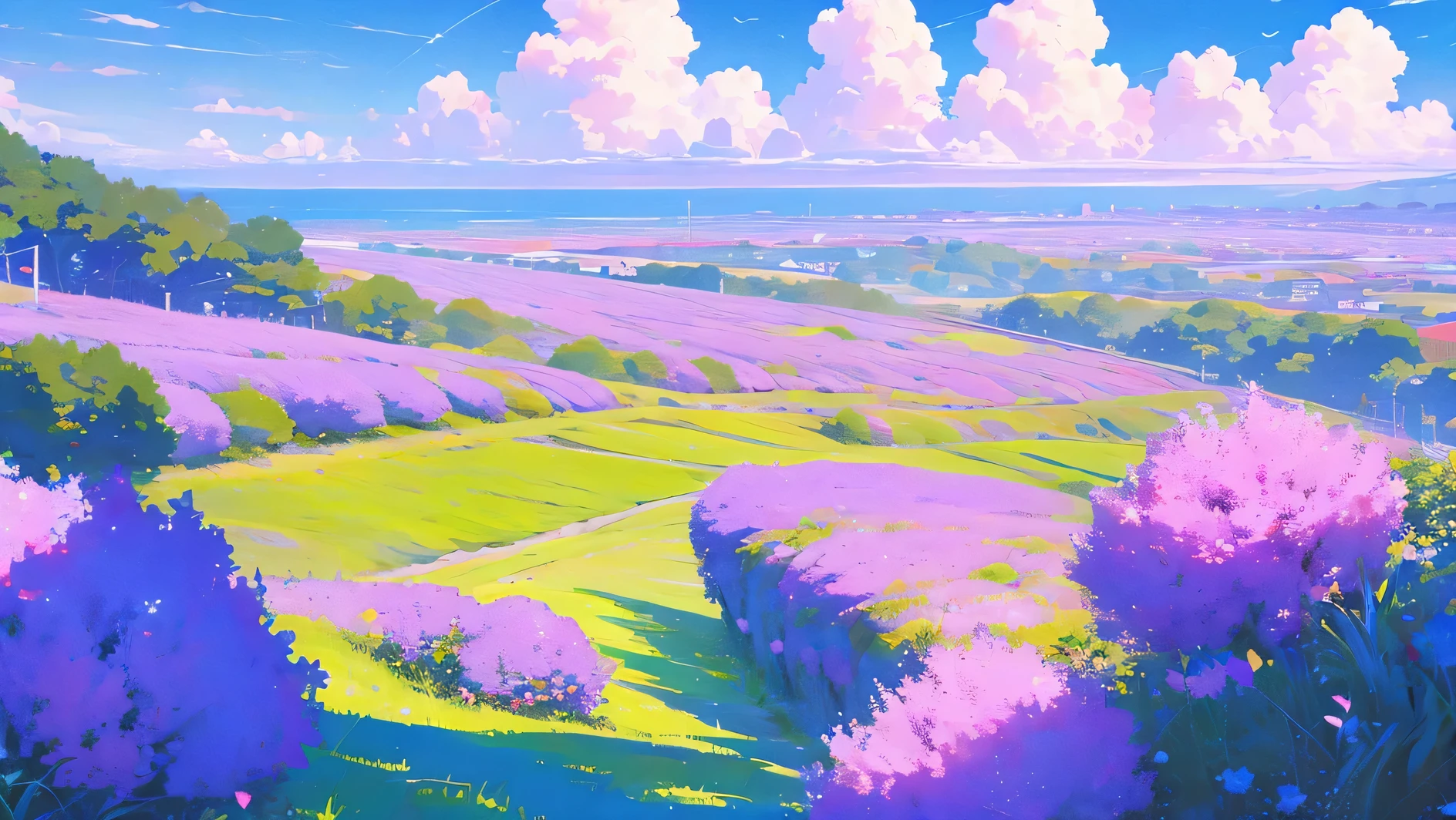 illustration of a beach with flowers and a cliff in the background, beautiful wallpaper, sky and clouds purple flowers sea everywhere city 10 am