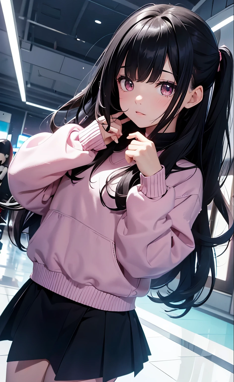 Anime girl with long black hair and pink sweater posing for a picture SeaArt AI