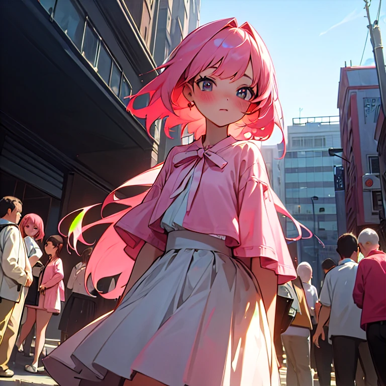 masterpiece, highest quality, High resolution, disorganized, 1 girl, crowd, skirt, pink hair, from below, revealing clothes, skin dents, outdoor, sunlight, street, looking at the viewer, blush,