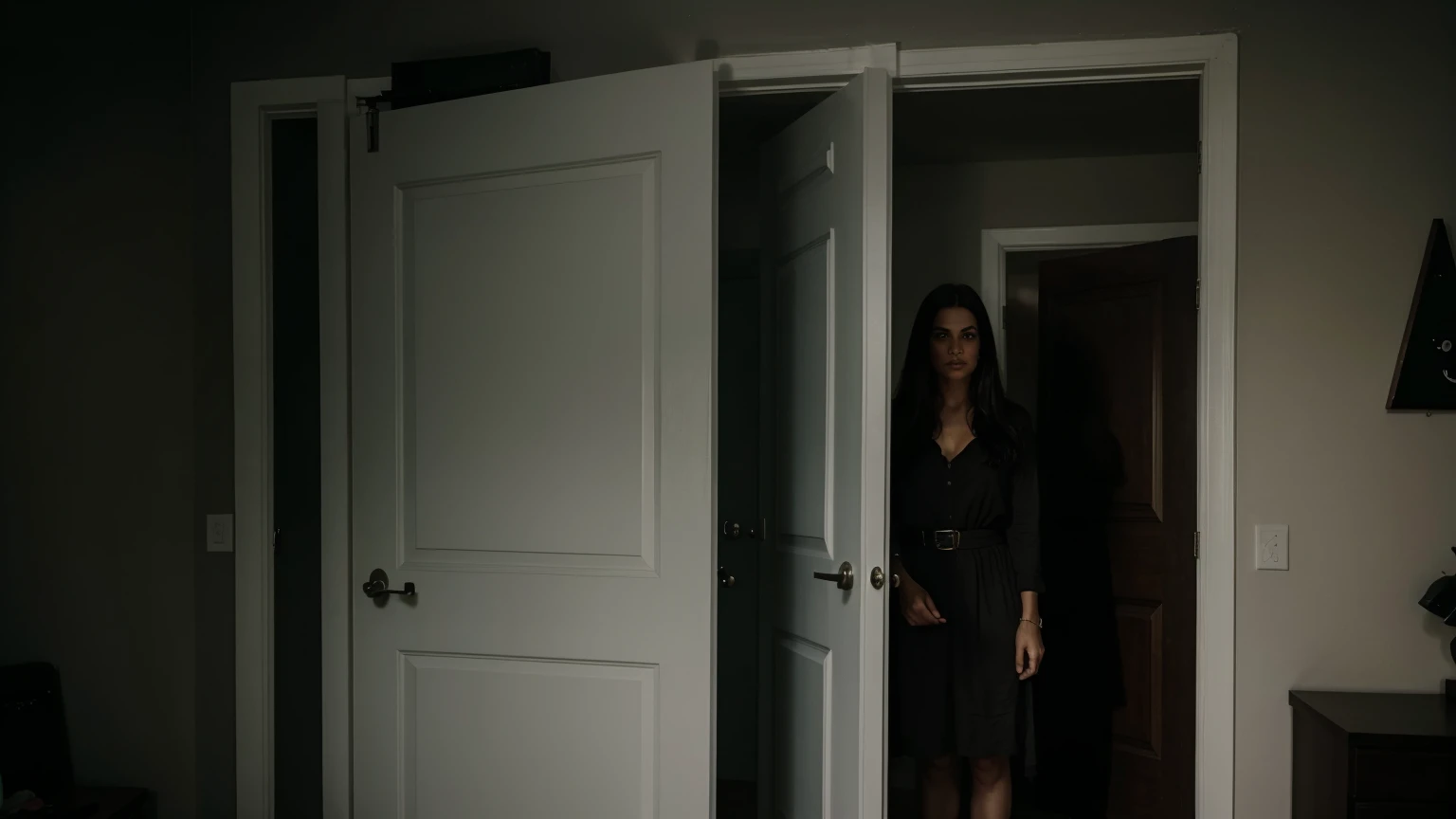 a scary lady standing at the door of a big dark bedroom