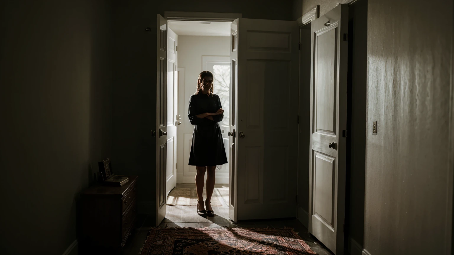 a scary lady standing at the door of a big dark bedroom