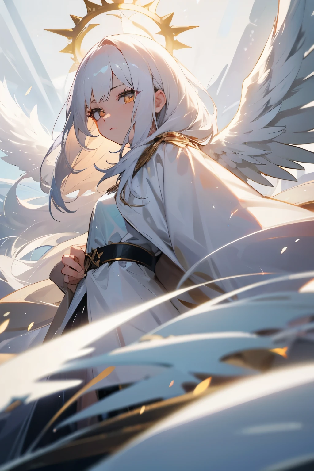 queen of angels, white hair, golden eyes, white wings