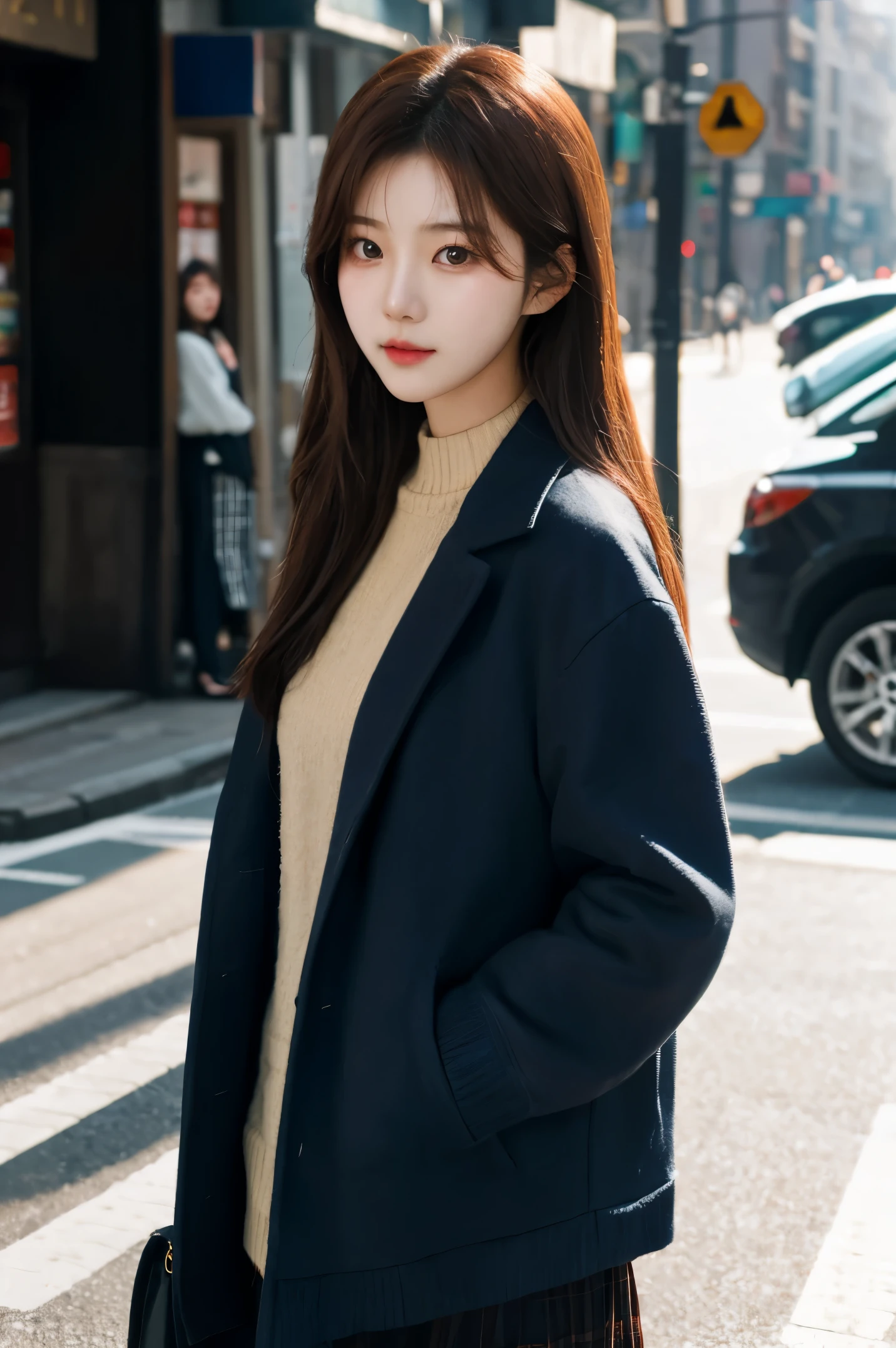 Korean girl looking at viewer on the street,soft light effects