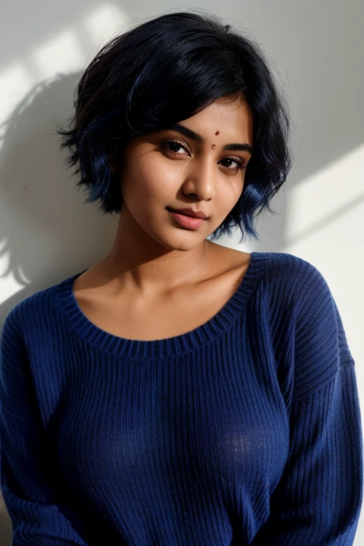instagram model photo, 21yo indian woman, short hair, blue hair, closeup portrait, sweater, cleavage, pale, hard shadows