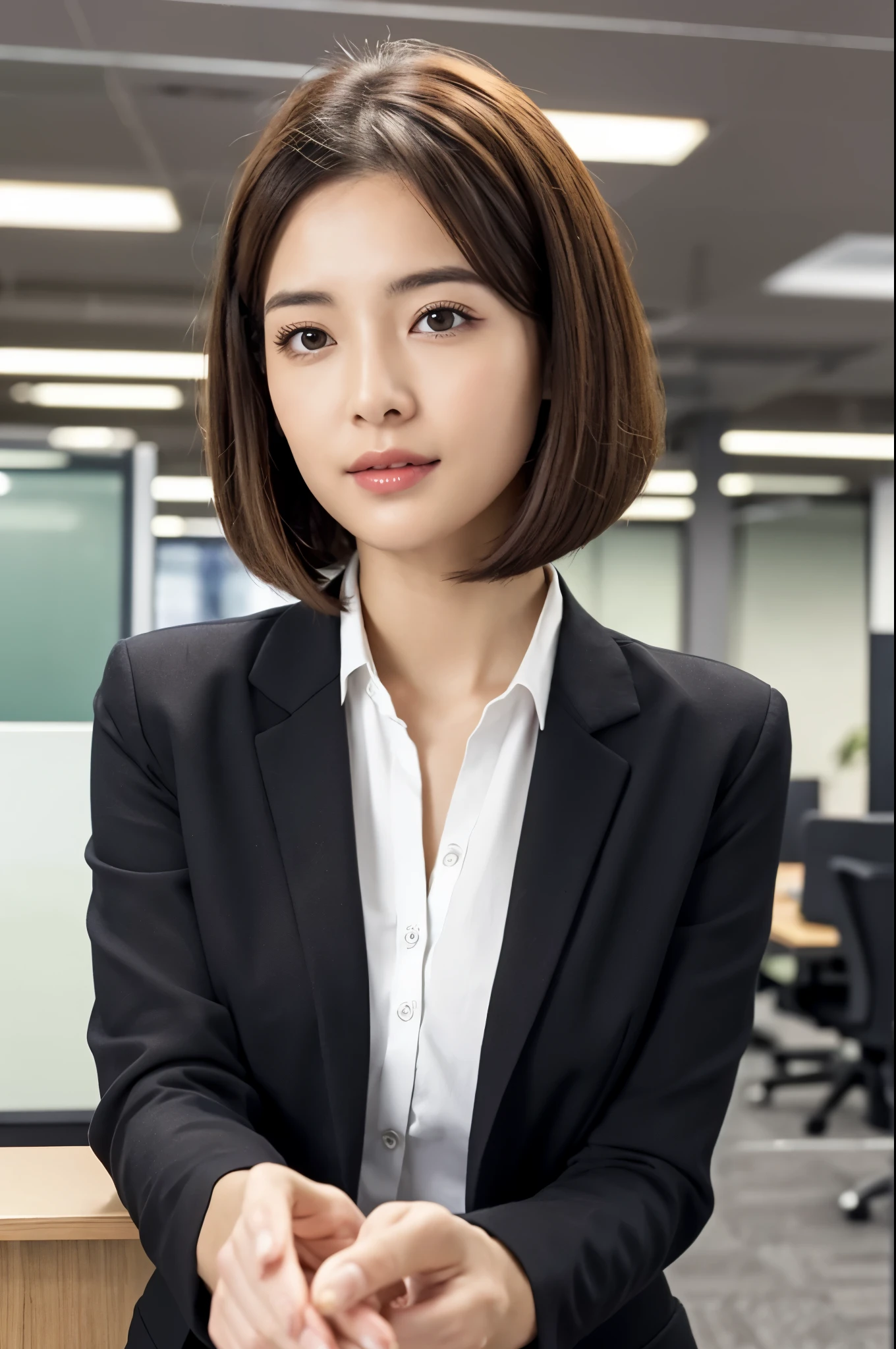 Depicts a new office lady with brown hair and a bob cut.、Generate extremely high quality and realistic CG images。The subject is a woman in her 20s.、wearing a black suit。Details of the suit and texture of the fabric、Texture and luster of brown hair、Please pay close attention to details such as the bob cut hairstyle.。She had a confident look on her face.、Try to give the impression that you take your job seriously in an office environment。The background should be clean and create an office-like atmosphere.。