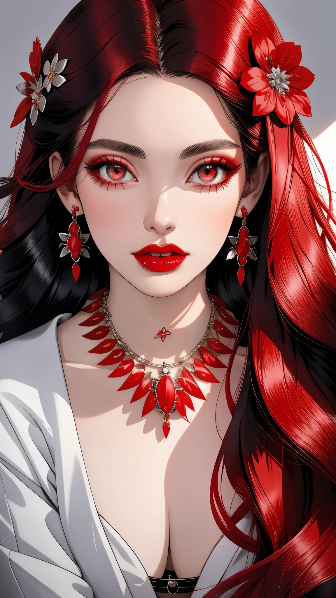 1girl, jewelry, red hair, solo, necklace, long hair, earrings, mole under mouth, red nails, petals, red lips, hair ornament, flower, black flower, pearl necklace, portrait, lipstick, makeup, grey eyes, nail polish,shiny skin, large breasts,caberuel,(mature female:1.),