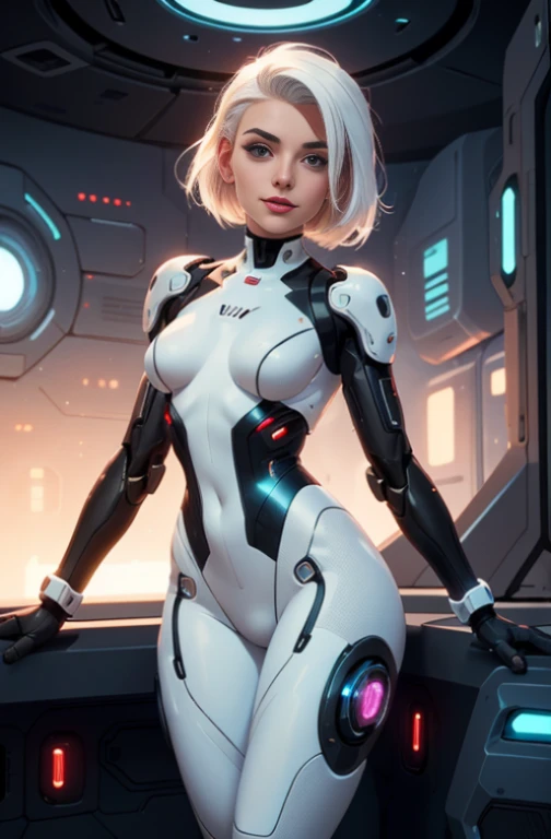 cinematic film still, cybernetic style futuristic style space girl, cute, futuristic, nsfw, sexy, white hair, (small breasts: 1.4), bodysuit, aroused, smiling, flirty, sleek, modern, ultramodern, high tech, detailed, technological, cybernetic enhancements, robotics, shallow depth of field, vignette, highly detailed, high budget Hollywood movie, bokeh, cinemascope, moody, epic, gorgeous, film grain, grainy