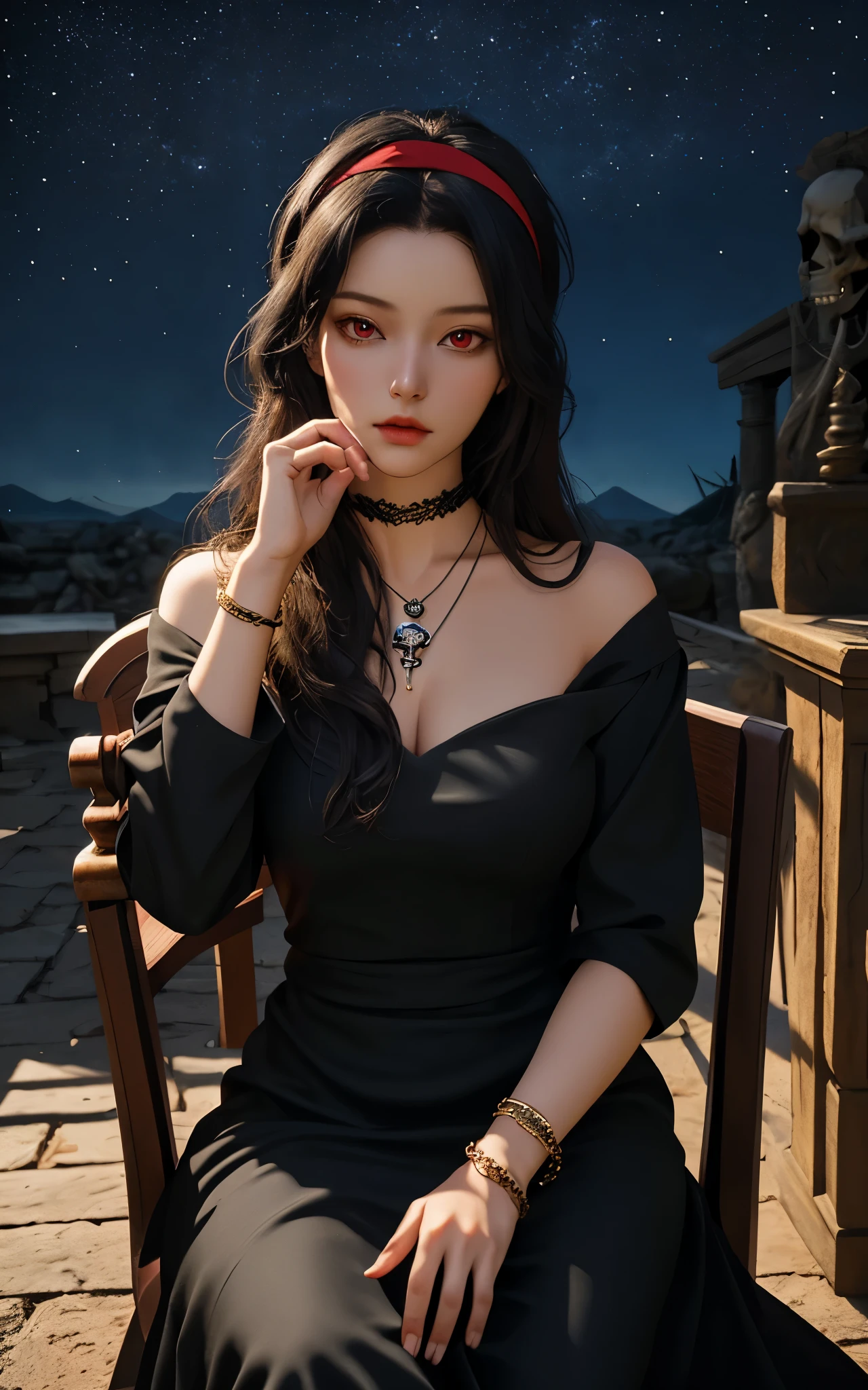 1 girl, solo, details, masterpiece, best quality, photorealistic realism, beautiful girl, long hair, black hair, red eyes, beautiful face, skull necklace, perfect body, large breast, open chest, black long dress, hold the instrument, sit on ancient chair, dark sky, dark temple,