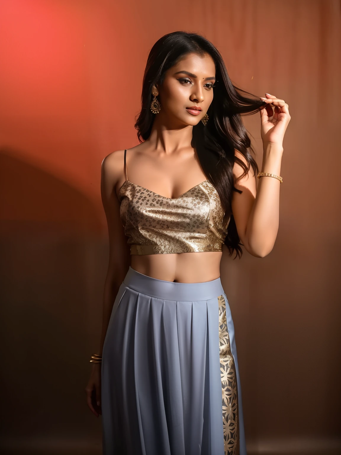 a close up of a woman in a skirt posing for a picture, modeling shoot, pr shoot, stunning elegant pose, studio shoot, stylish pose, wearing an elegant tribal outfit, solo photoshoot, wearing a sexy cropped top, print ready, wearing crop top, promo shoot, full body shoot, promotional photoshoot, seductive pose, wearing a crop top, indian super model, photoshoot