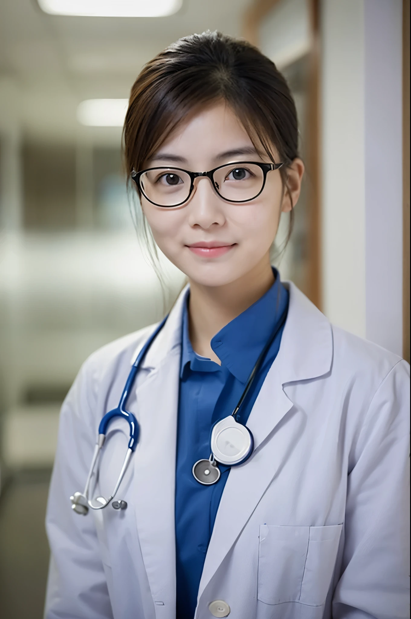 Portrait of a -faced female doctor wearing glasses、Generate in very high quality and realistic form。The subject is a woman in her 30s.、Please express yourself in a way that gives the impression of a medical professional even though you have a childish face.。eyeglass designs and frames、Please pay close attention to details such as light reflections.。She had a confident look on her face.、Describe yourself as trusting and approachable towards patients.。The background looks clean、Create an atmosphere typical of a medical environment。