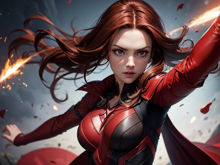 (best quality), (wide angle), (action shot), beautiful shot of the scarlet witch from marvel comics (wavy red hair), using the mystic arts, (glowing red 1:1), wearing tight black body suit, HDR, 4k, UHD, 3D