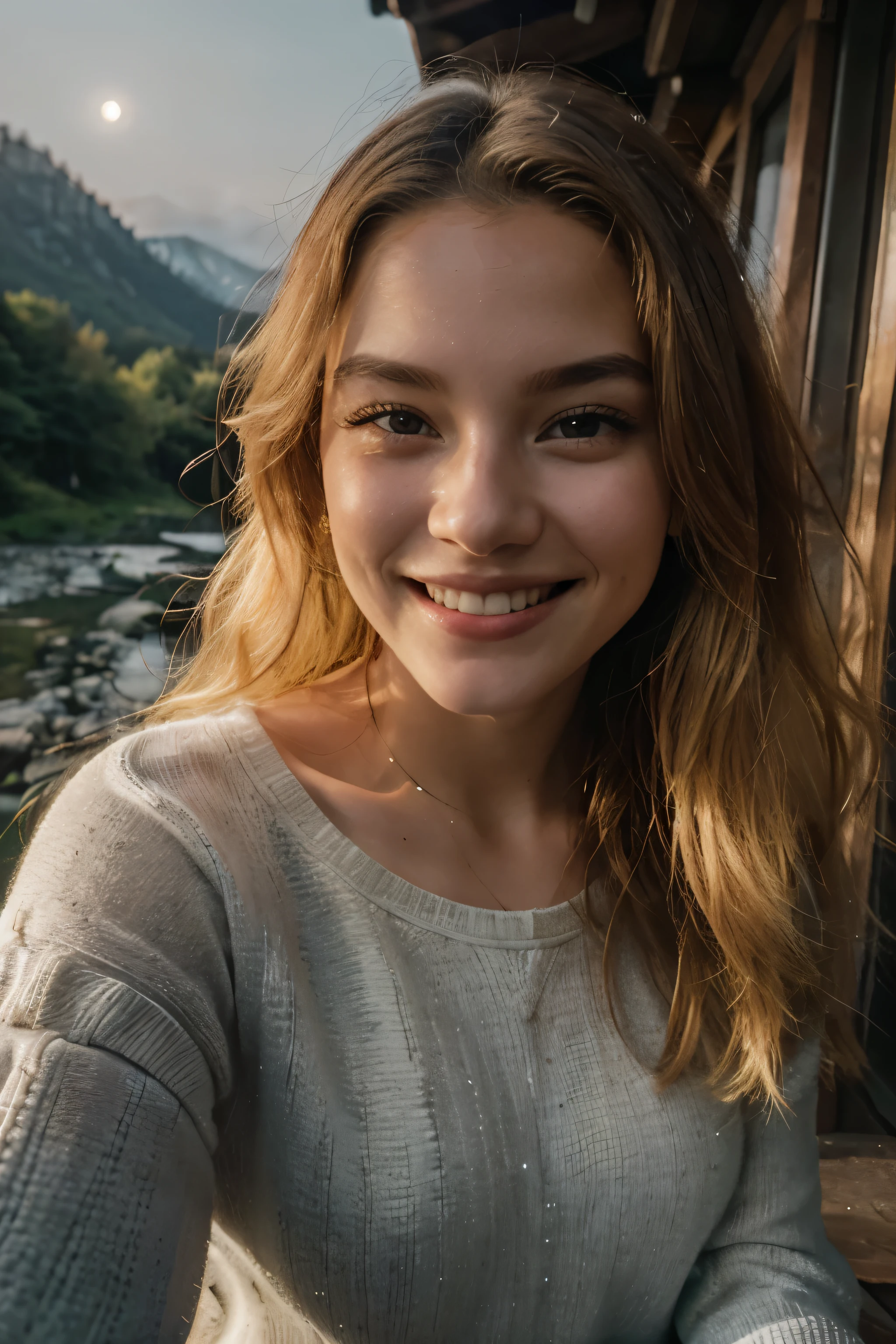 Photorealistic, Best Quality, Hyper Detailed, Beautiful woman, selfie photo, Upper body, Solo, wearing pullover, Outdoors, (Night), mountainscape, The nature of real life, Stars, Moon, (Outstanding smile、A yellow-haired、sixteen years old、Cheerful, Happy), flash lights, forest, boulders, River, Wood, Smoke, Fog, crystal clear skies, analog style, Looking at Viewer, Skin Texture, Film grain, close up, 超A high resolution, Best Shadow, raw, Instagram LUT