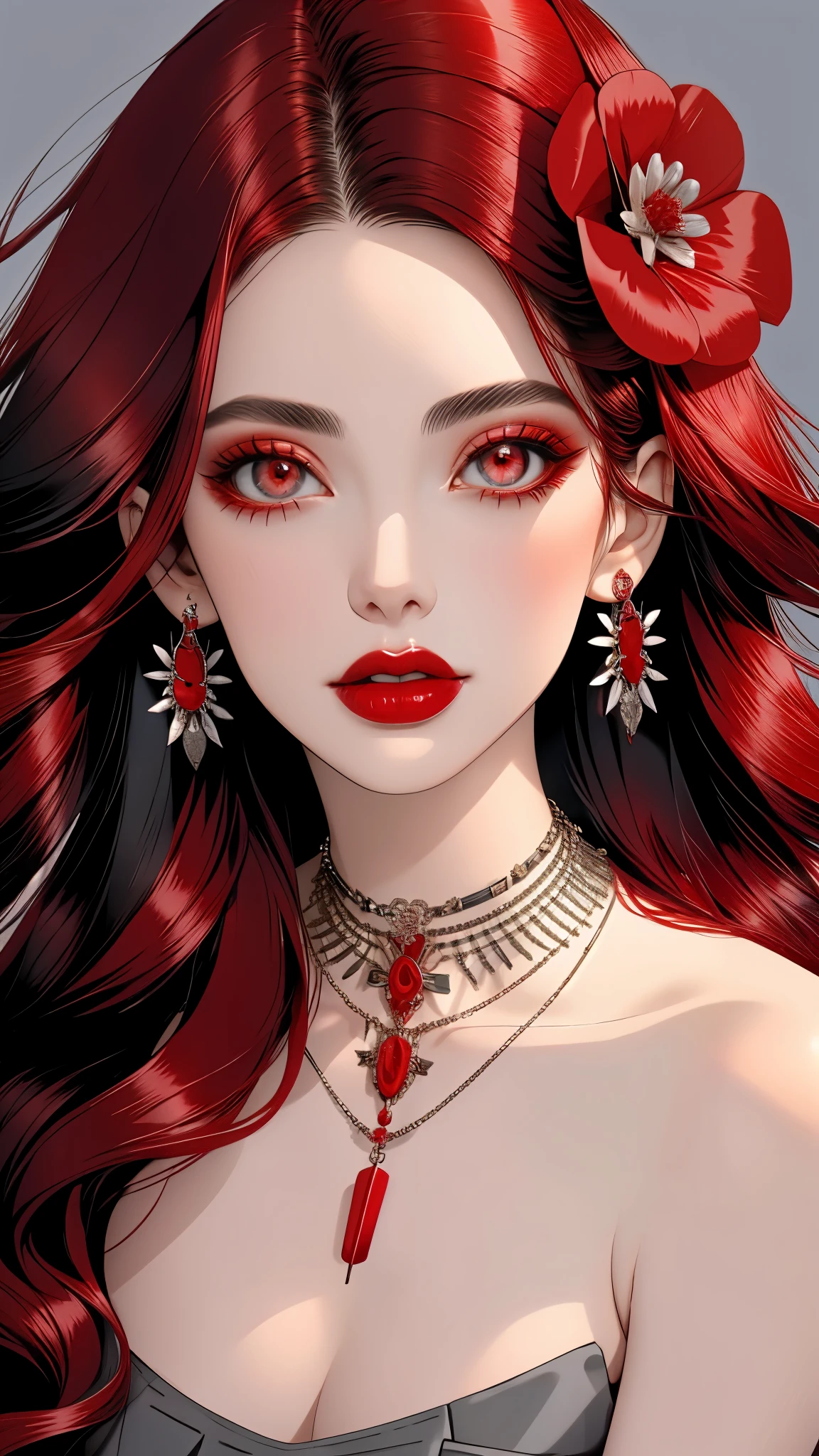 1girl, jewelry, red hair, solo, necklace, long hair, earrings, mole under mouth, red nails, petals, red lips, hair ornament, flower, black flower, pearl necklace, portrait, lipstick, makeup, grey eyes, nail polish,shiny skin, large breasts,caberuel,(mature female:1.),