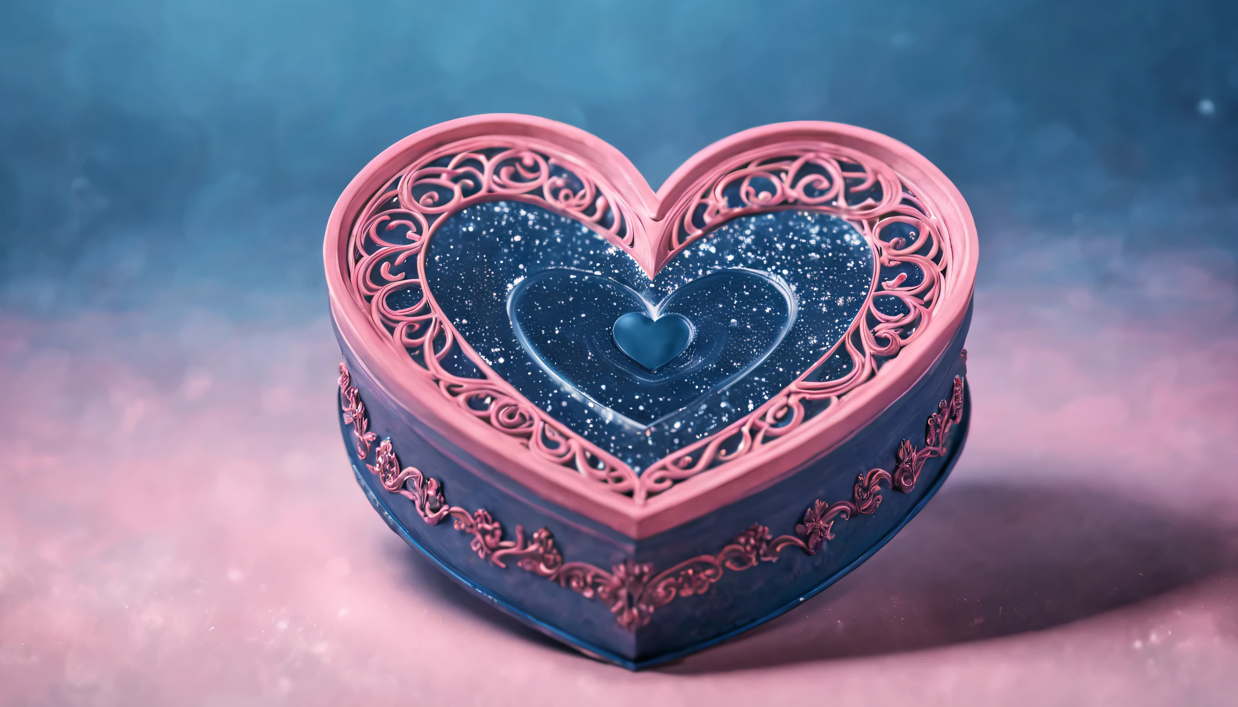 raw photo,beautiful symmetrical pink heart on a clean blue background (((lies in a carved magical "cutie"))),and magic sparks fly around the cutie,rubber pink heart on blue background. High image detail,Clear Focus, High Quality 8K,high contrast,
