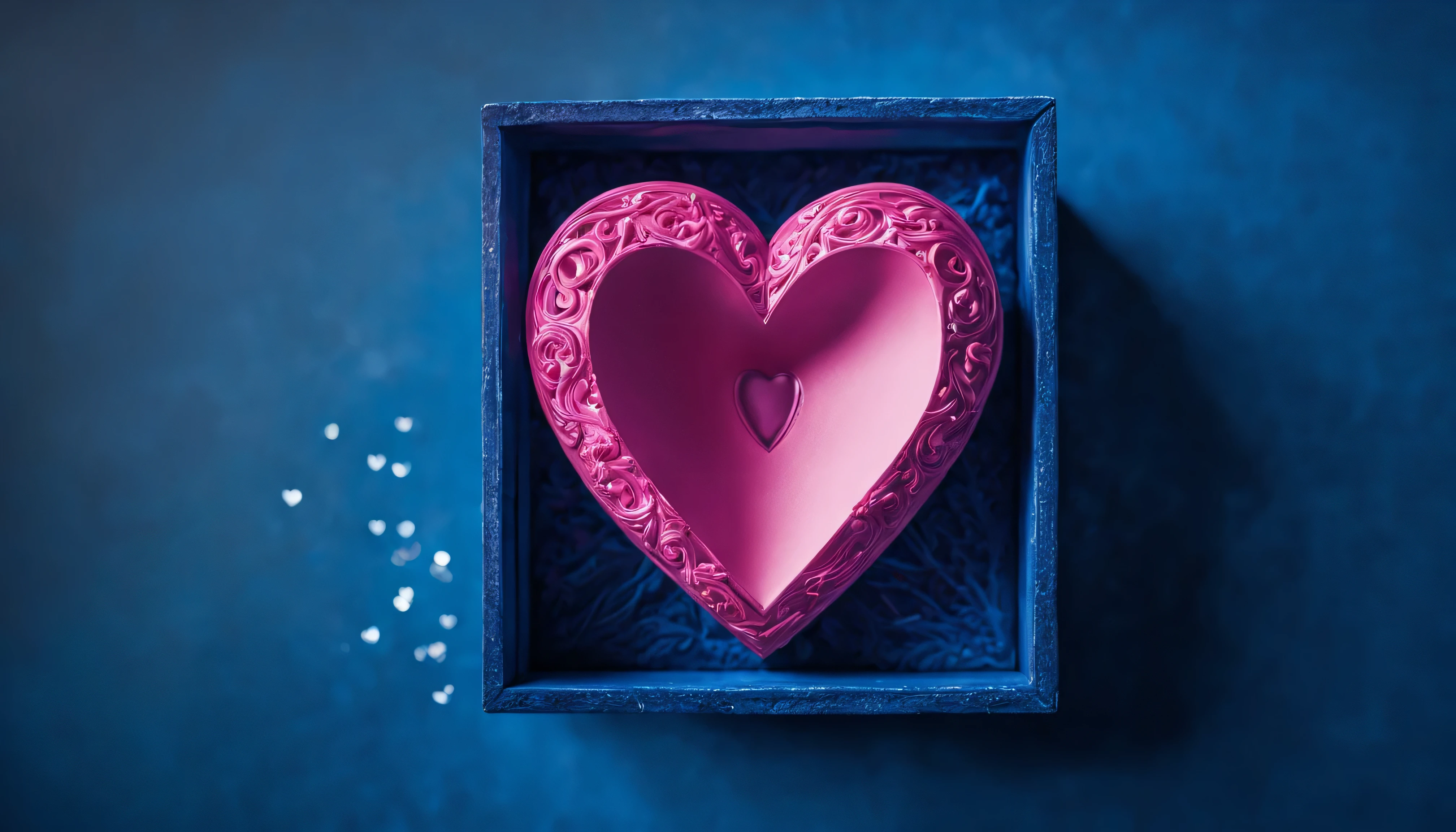 raw photo,beautiful symmetrical pink heart on a clean blue background (((lies in a carved magical "cutie"))),and magic sparks fly around the cutie,rubber pink heart on blue background. High image detail,Clear Focus, High Quality 8K,high contrast,