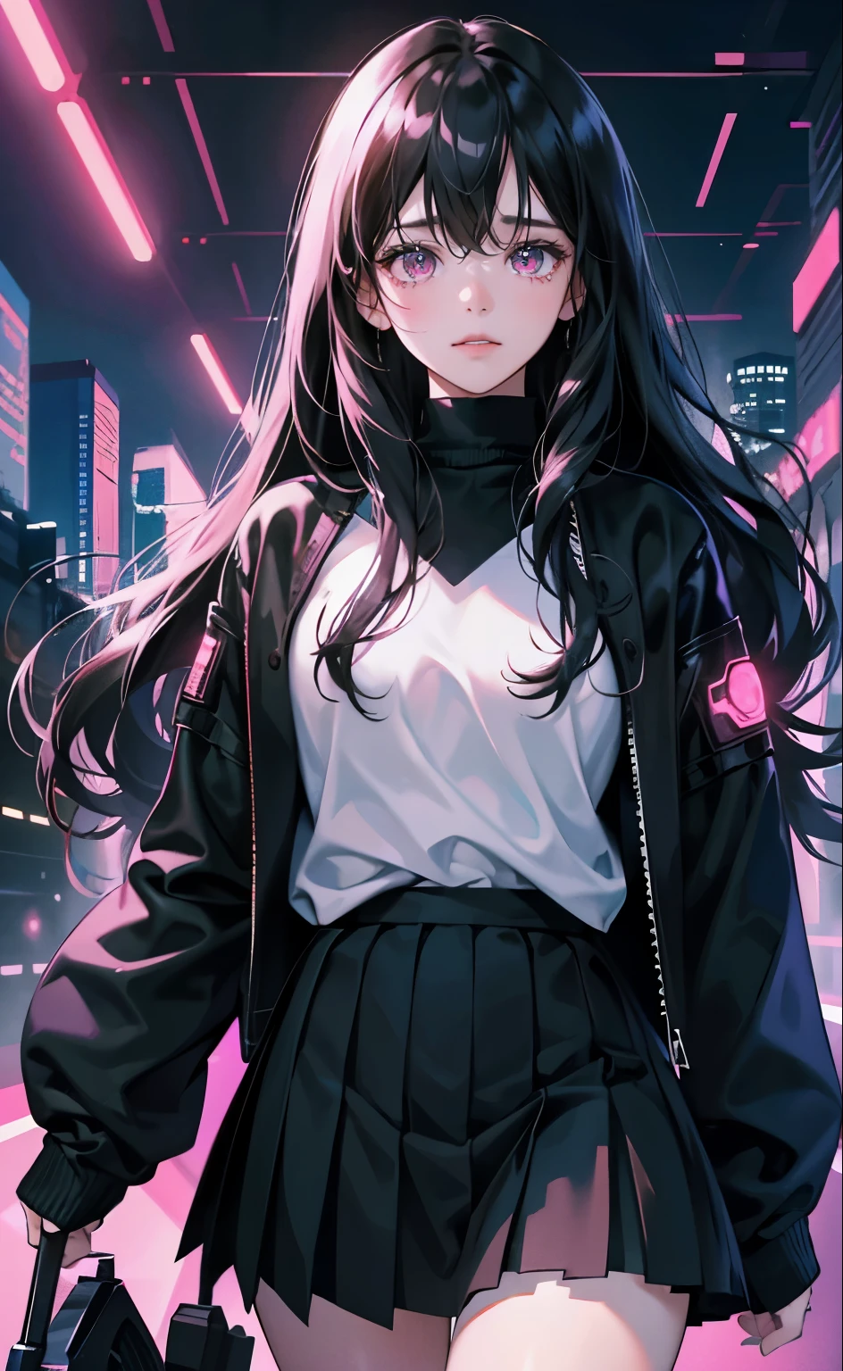 (8k, best quality, masterpiece),girl,Bangs,long black hair,wavy_hairs,Black Sweater,skirt,pink eyes,sigh,cry,cute,
blue light,future world,cyberpunk,
