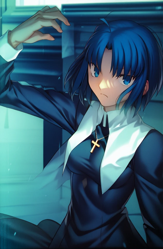 (best quality, 4k, 8k, highres,m asterpiece:1.2), (ultra-detailed:1.6), slender figure, (soft, delicate features:1.1), (vivid colors), ciel_(tsukihime), cowboy shot, 1girl, solo, (long sleeves black dress;1.4), chain, habit open, sad, looking at viewer, antenna hair, (ahoge:1), closed mouth, fingernails, breasts, medium breasts, cross, latin cross, cross, holding, necklace, nun, symmetrical, serious, (Shadowed:1.5)
