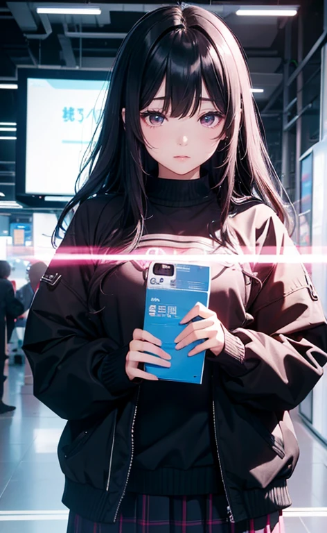 (8k, best quality, masterpiece),girl,Bangs,long black hair,wavy_hairs,Black Sweater,skirt,pink eyes,sigh,cry,cute,
blue light,future world,cyberpunk,