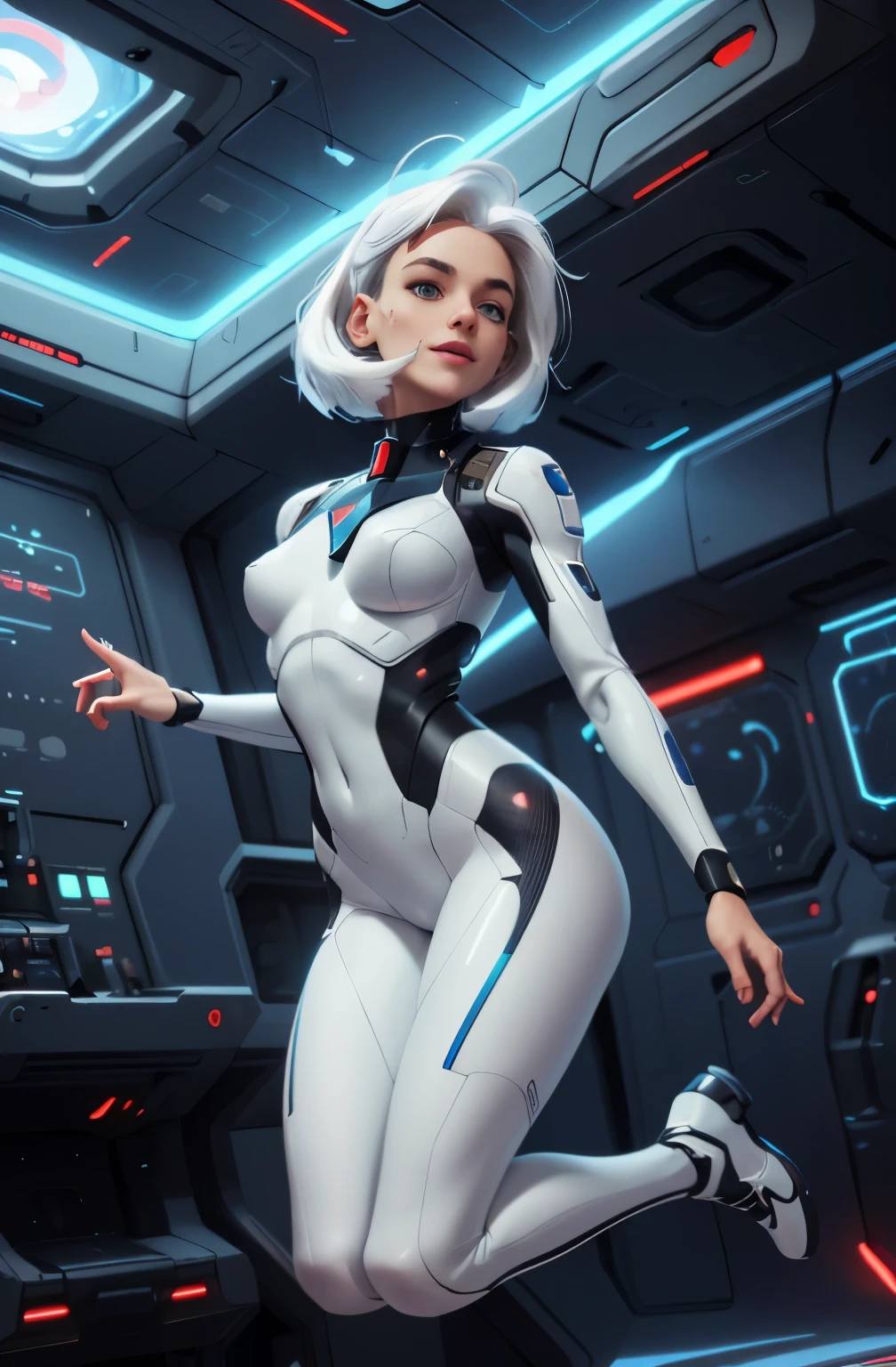cinematic film still, cybernetic style futuristic style space girl, cute, futuristic, (nsfw: 1.2), sexy, white hair, medium length hair, (small breasts: 1.4), bodysuit, aroused, (zero gravity, floating: 1.3), smiling, flirty, sleek, modern, ultramodern, high tech, detailed, technological, cybernetic enhancements, robotics, shallow depth of field, vignette, highly detailed, high budget Hollywood movie, bokeh, cinemascope, moody, gorgeous, full body view, long legs, curvy ass, perfect thighs