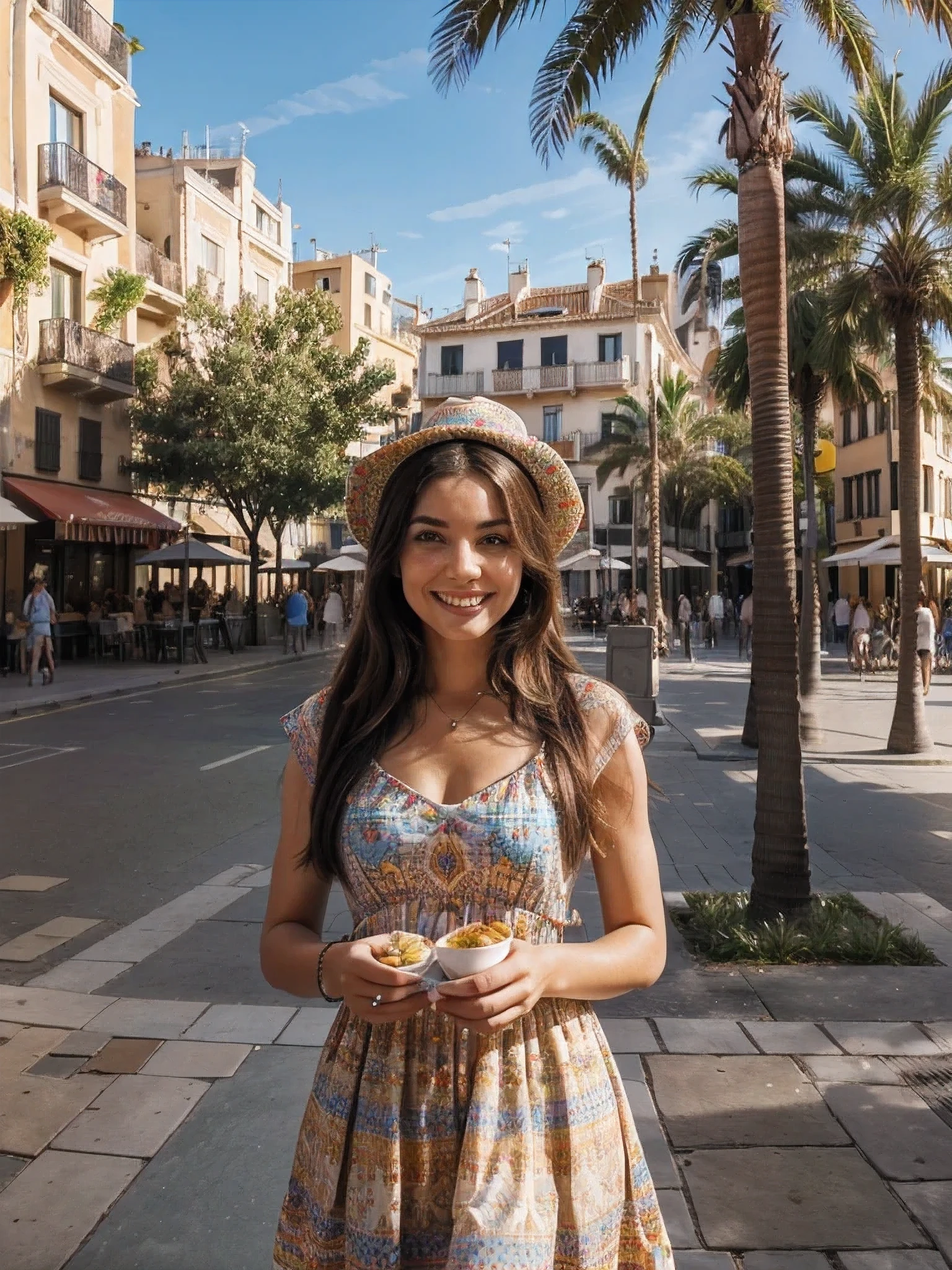 (best quality,highres,ultra-detailed:1.2), HDR, vivid colors, beautiful girl, Barcelona square, lively atmosphere, charming architecture, colorful flowers, happy people, stunning view, cozy cafe, outdoor dining, sunny weather, elegant dress, stylish hat, joyful expression, long flowing hair, vibrant street performers, bustling crowd, street musicians, mouthwatering food stands, historical landmarks, mosaic pavement, decorative fountains, palm trees, blue sky, warm sunshine, laughter and laughter, carefree moments