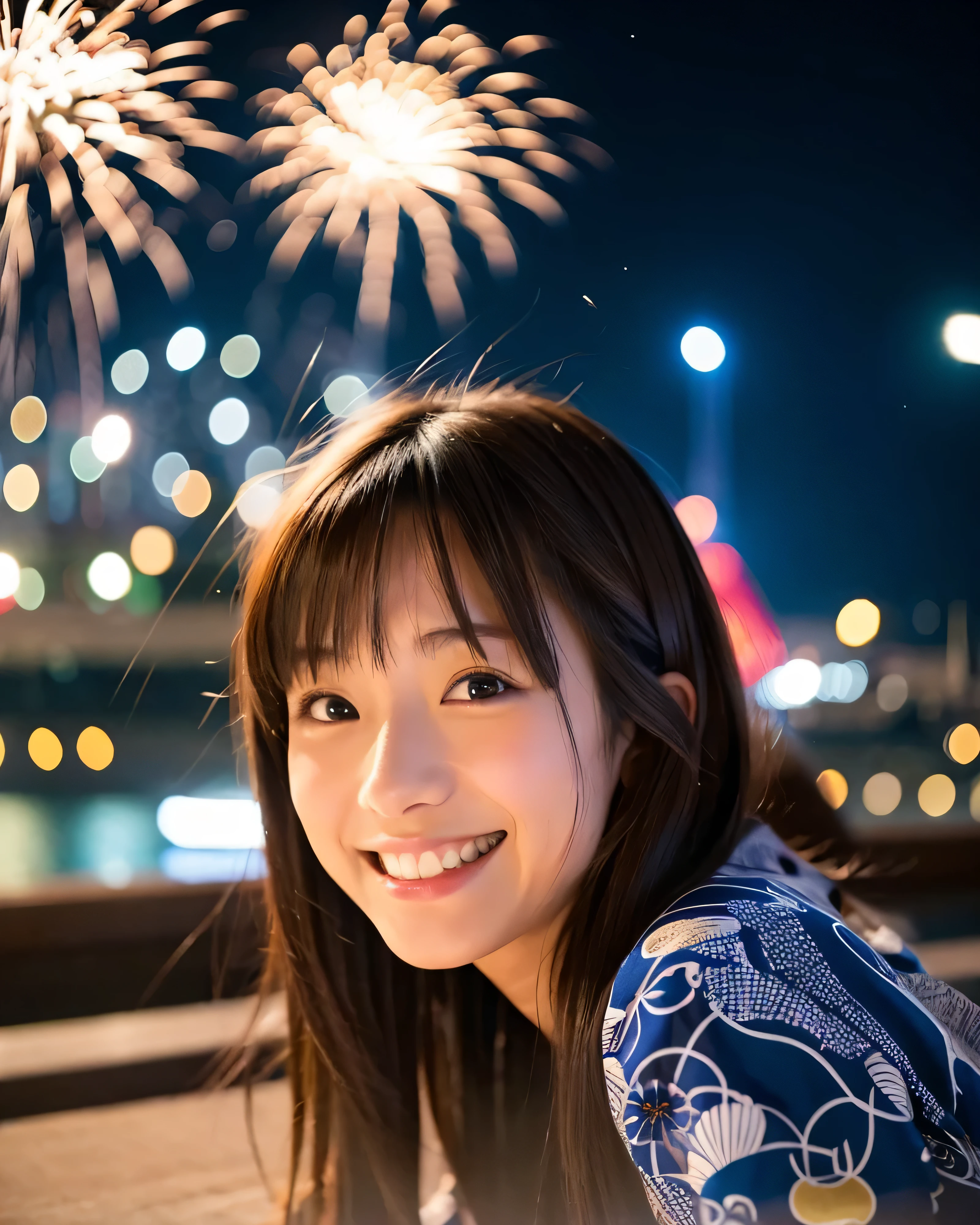 beautiful japanese woman Realistic dark blue yukata upset brown hair beautiful eyes A happy smile night dry river bed Delicate and colorful fireworks professional lighting