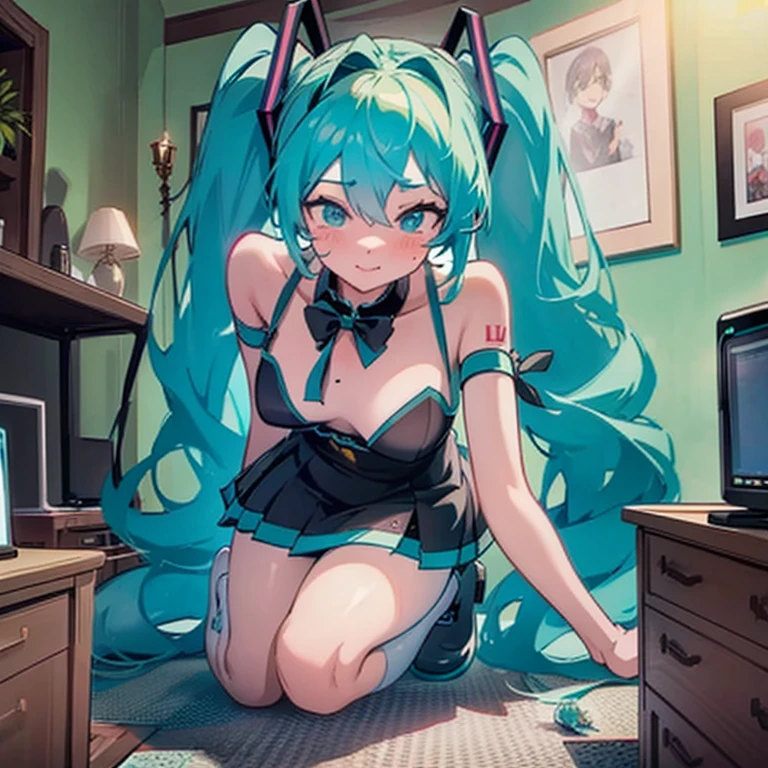 A docile girl is wearing a bra and panties, both with anime prints. Her green hair falls in gentle waves over her shoulders as she looks seductively over her shoulder. The pose highlights her plump, anime-style ass. The scene takes place in a colorful and vibrant room, with anime posters on the walls and a relaxed atmosphere. The atmosphere is fun and playful, conveying a sense of joy and carefreeness. The illustration is executed in a cartoon style, with smooth lines. perfect quality, clear focus (clutter - home: 0.8), (masterpiece: 1.2) (cartoon 1.2) (bokeh) (best quality) (detailed skin: 1.3) (intricate details) (8K) (detail eyes) (sharp focus), (seductive) --air 16:9 --v 5 --air 16:9 --niji