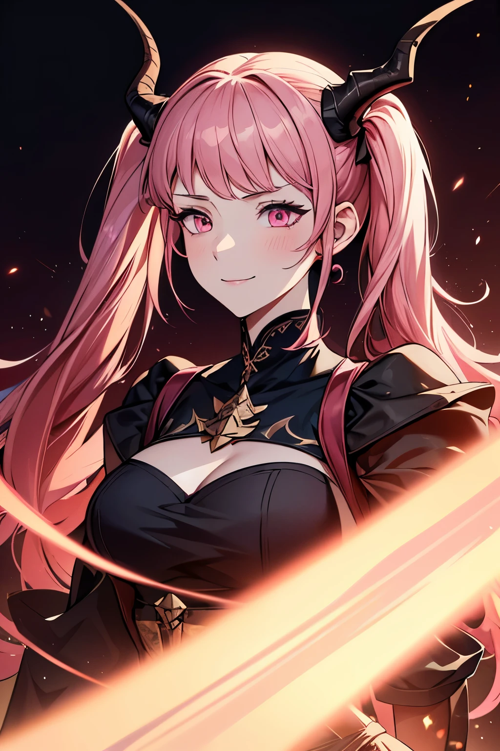 (masterpiece),(intricate details), 1girl, hilda from fire emblem, hilda, young woman in a conservative white dress, pigtails, pink hair, pink eyes, dragon horns, [[horns]], horned, big horns, arknight style, arknights character, art, 4k art, artstation, hd art, hd, ethereal background with starmaps, smiling, looking to the horizon, fully covered, highly detailed, extremely detailed art, extremely detailed face, extremely detailed eyes, dynamic pose, dynamic background